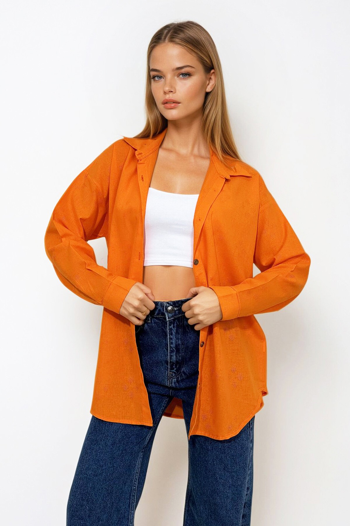 Turuncu Motifli Oversize Keten Gömlek