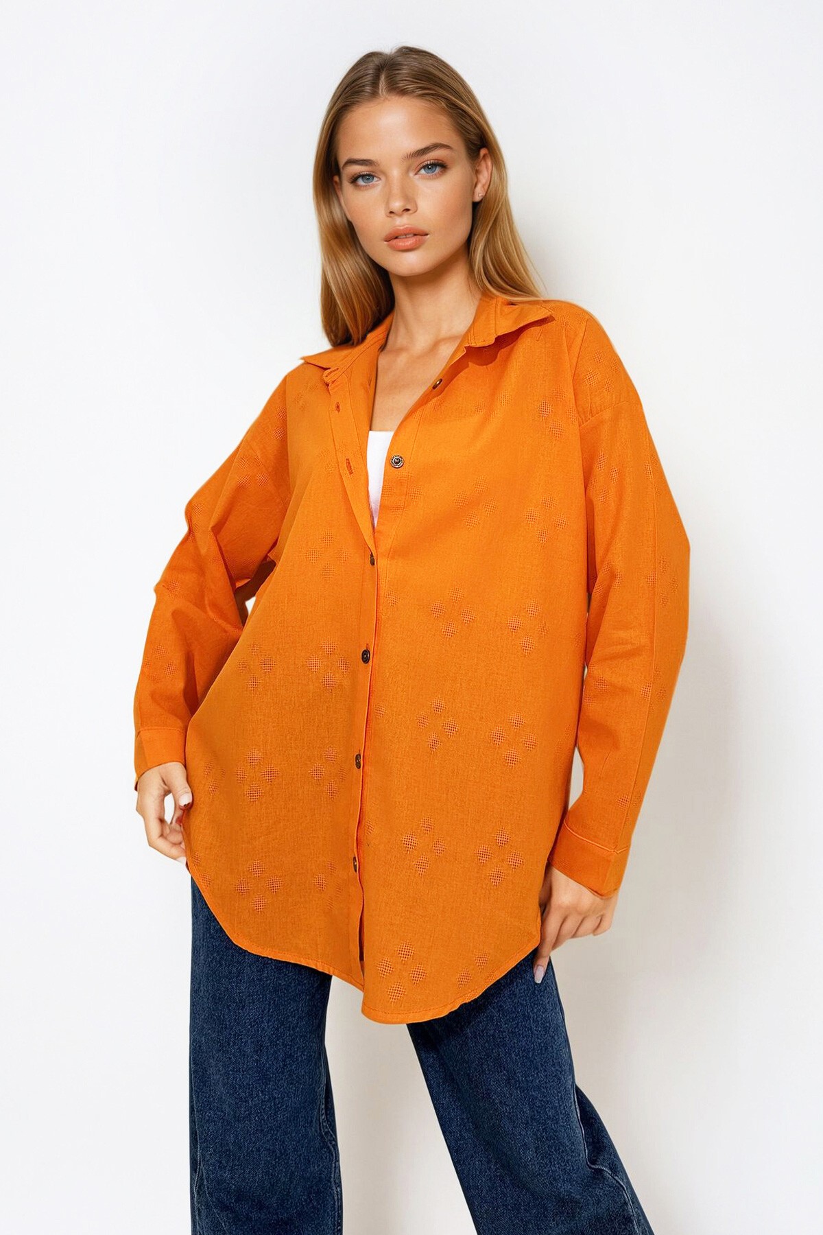 Turuncu Motifli Oversize Keten Gömlek