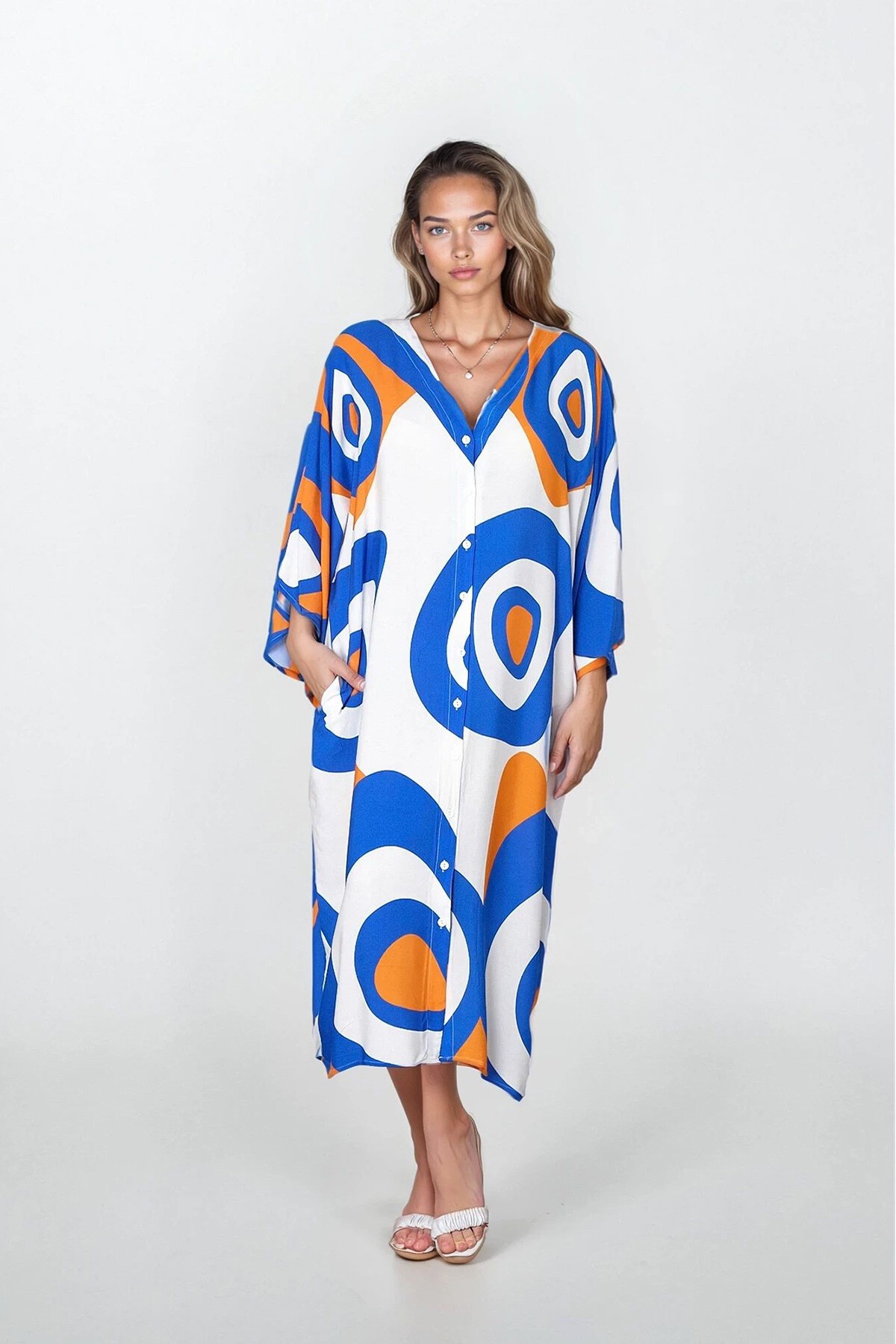 Turuncu Önü Düğmeli Çift Cepli Büyük Beden Viskon Elbise