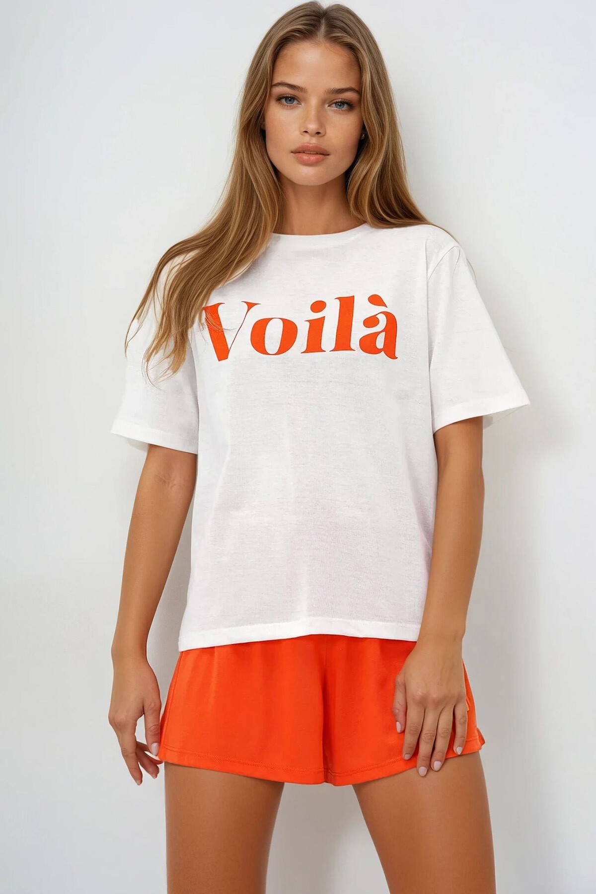 Turuncu Önü Yazı Baskılı Pamuklu Basic T Shırt Ve Şortlu Penye Alt Üst Takım