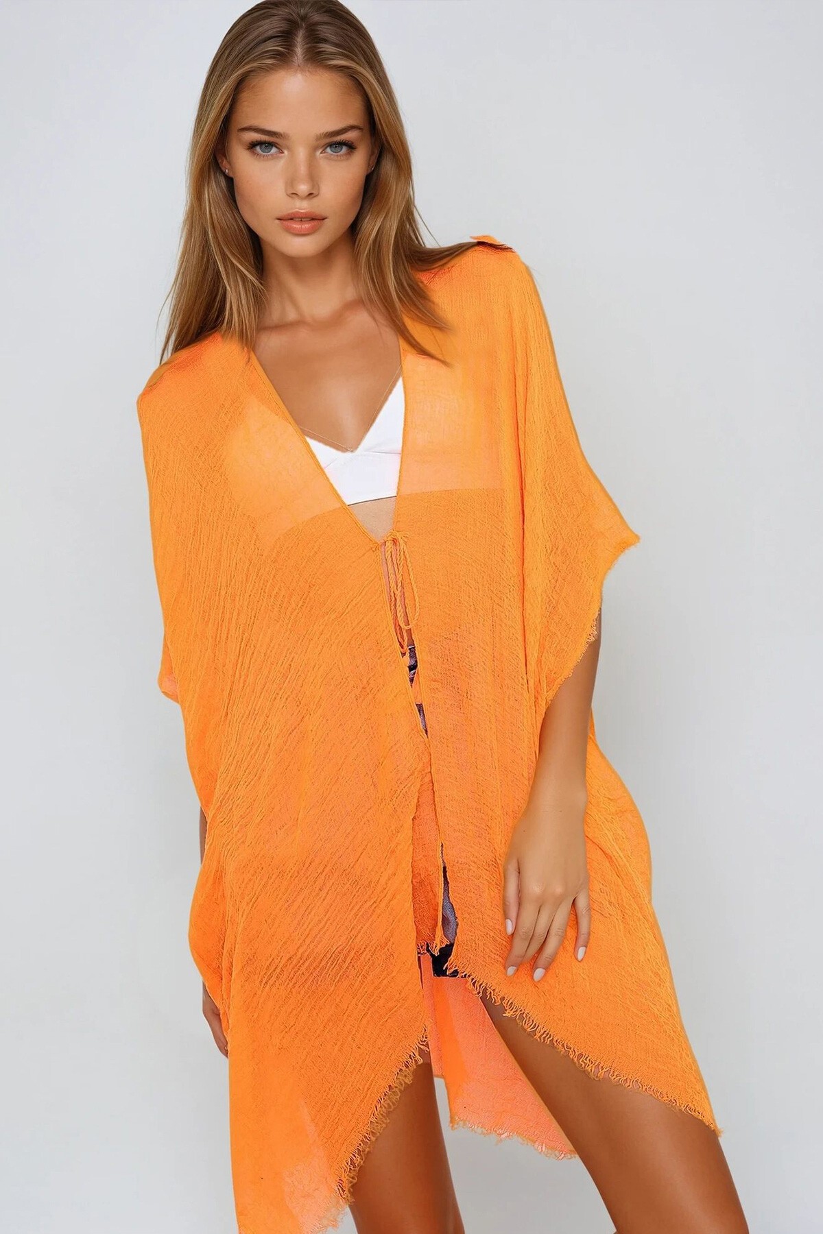 Turuncu Oversize Pamuklu Kimono