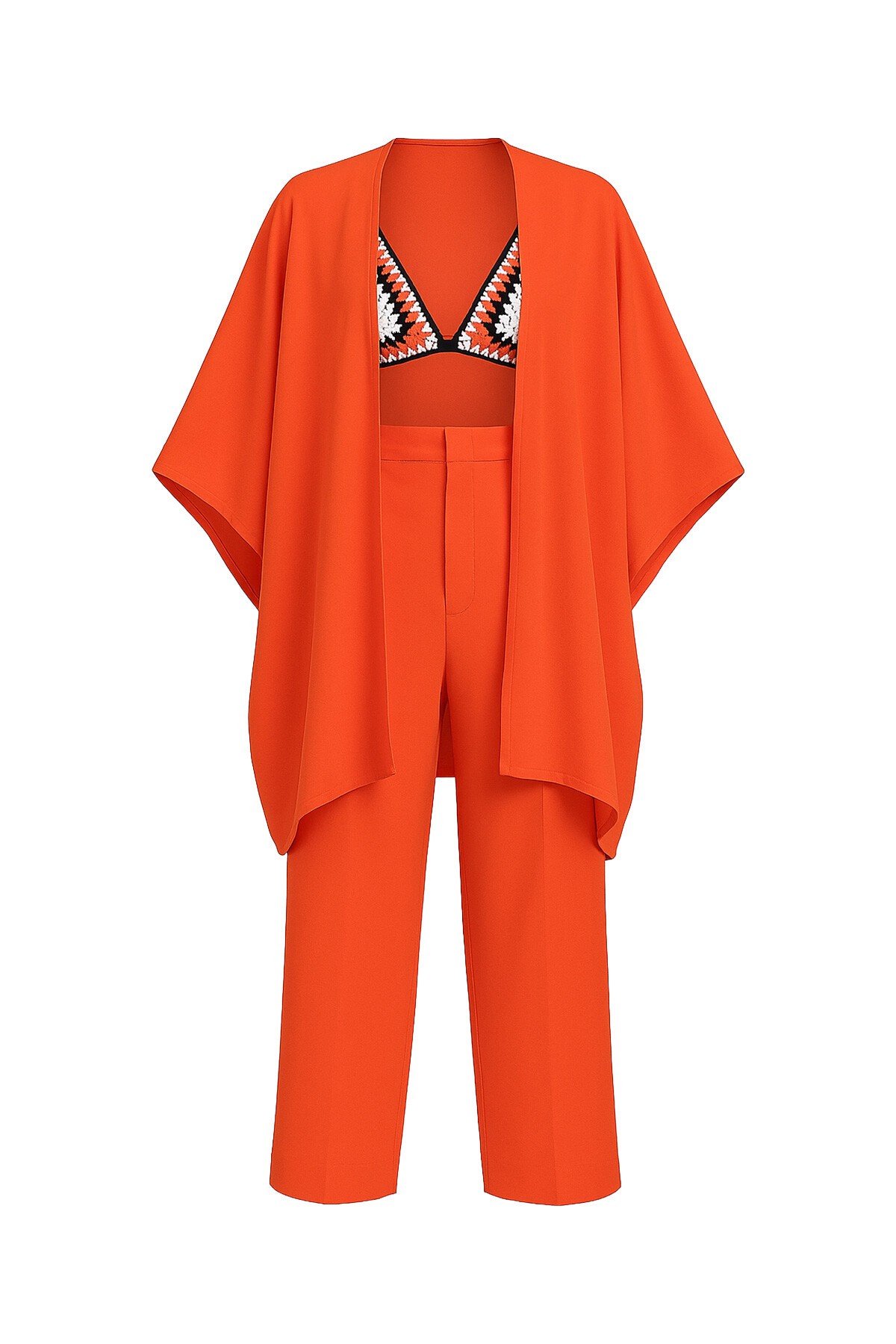 Turuncu Paçası Yırtmaçlı Kendinden Dokulu Pantolon Ve Ceket İkili Takım