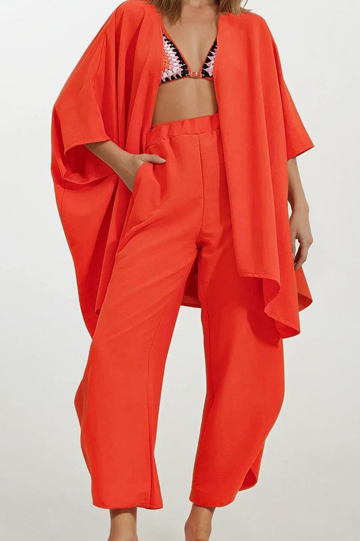 Turuncu Paçası Yırtmaçlı Kendinden Dokulu Pantolon Ve Ceket İkili Takım