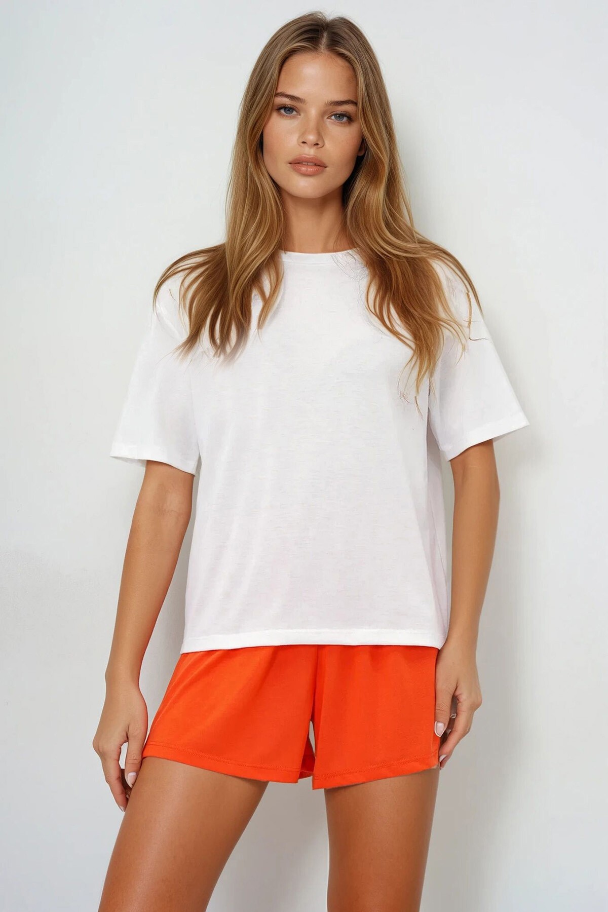 Turuncu Pamuklu Basic T Shırt Ve Bağlamalı Şortlu Penye Alt Üst Takım