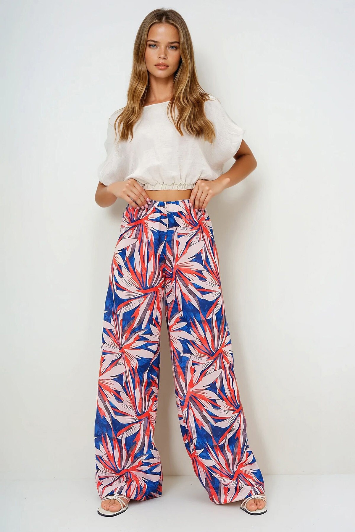 Turuncu Saks Beli Lastikli Desenli  Geniş Paça Pantolon