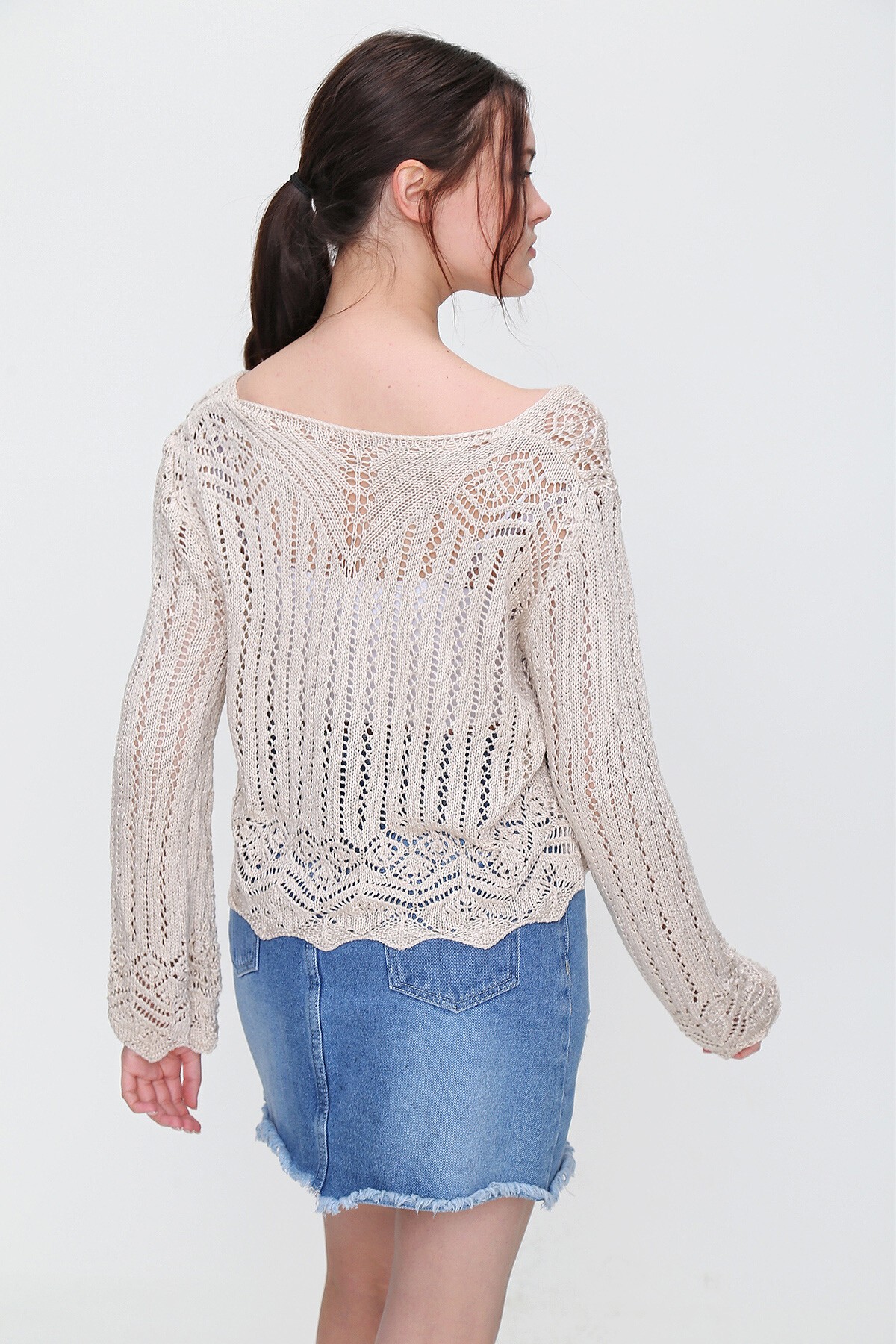 Bej V Yaka Ajurlu Mevsimlik Triko Bluz Esq0010