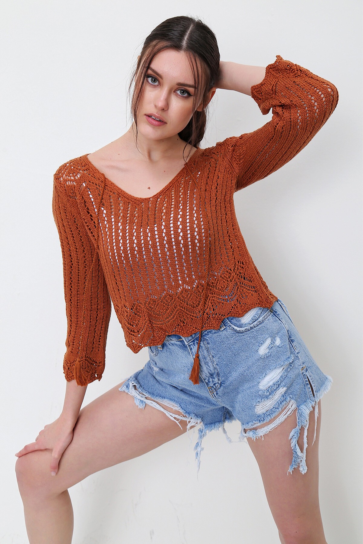 Camel V Yaka Ajurlu Mevsimlik Triko Bluz Esq0010