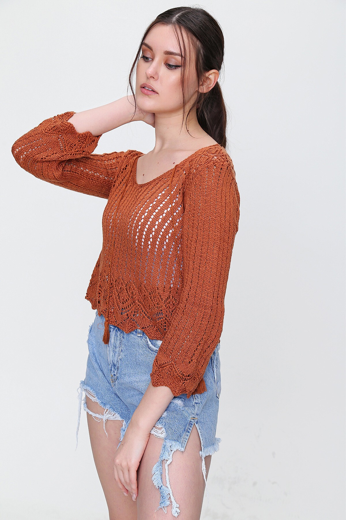 Camel V Yaka Ajurlu Mevsimlik Triko Bluz Esq0010