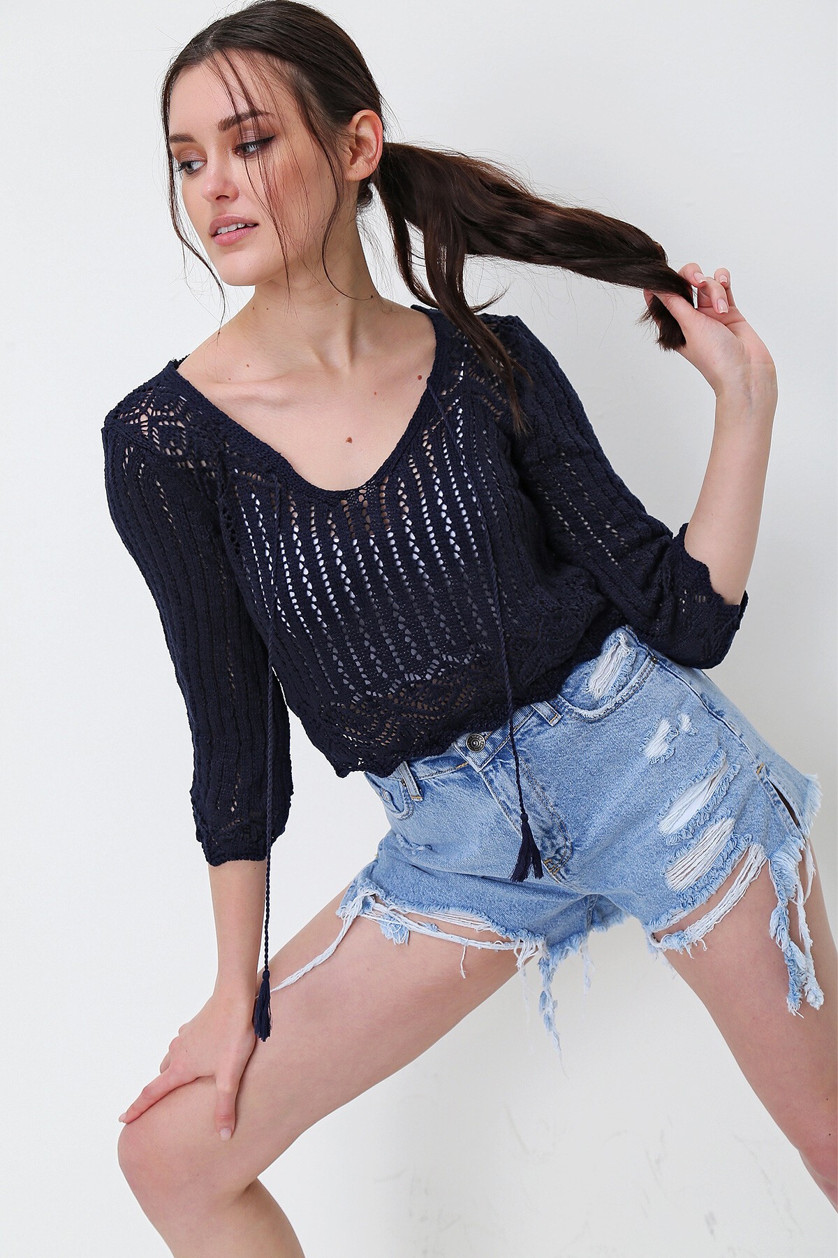 Siyah V Yaka Ajurlu Mevsimlik Triko Bluz Esq0010