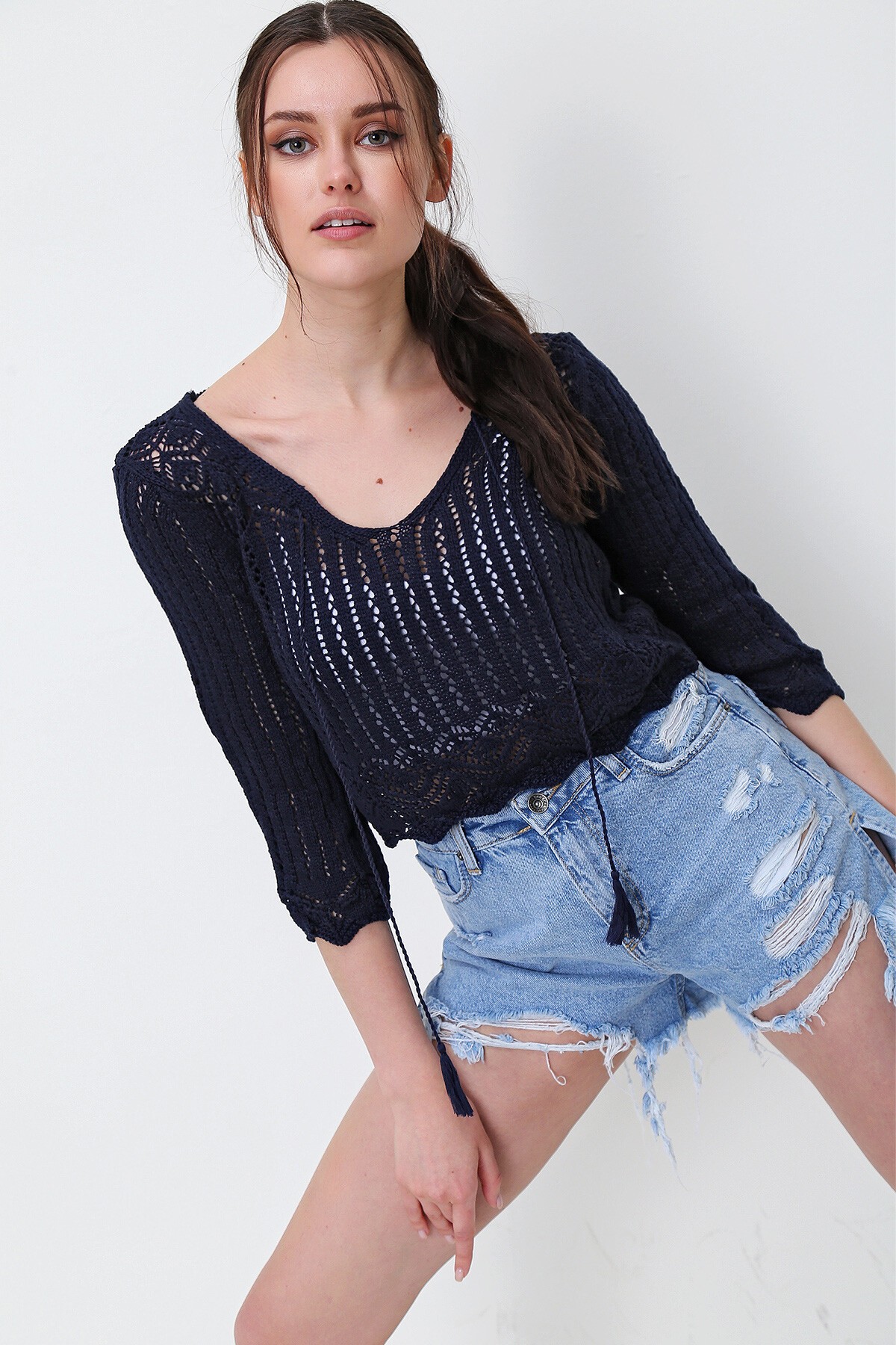 Siyah V Yaka Ajurlu Mevsimlik Triko Bluz Esq0010