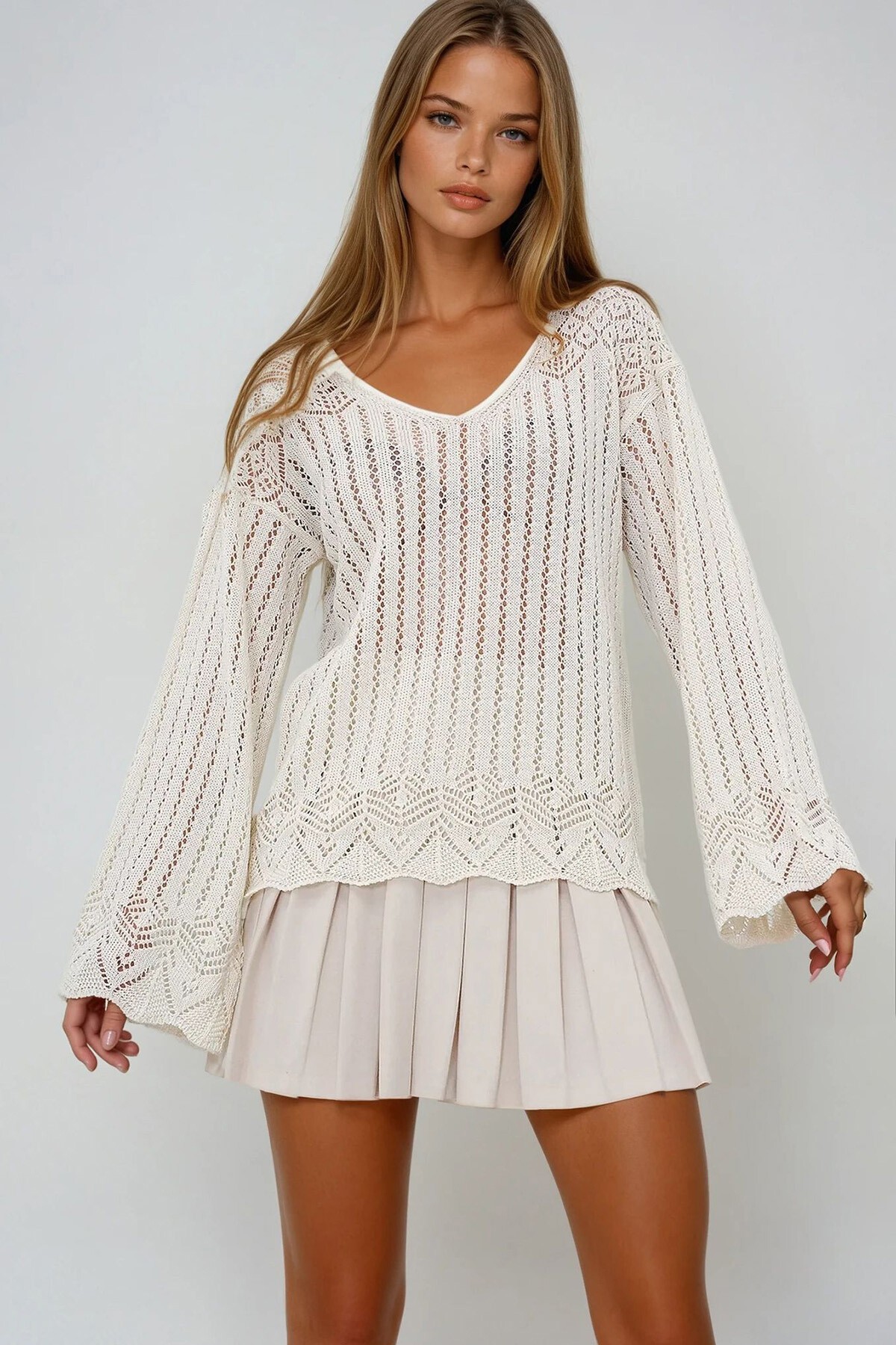 Vanilya Kayık Yaka Ajuru Yazlık Triko Bluz