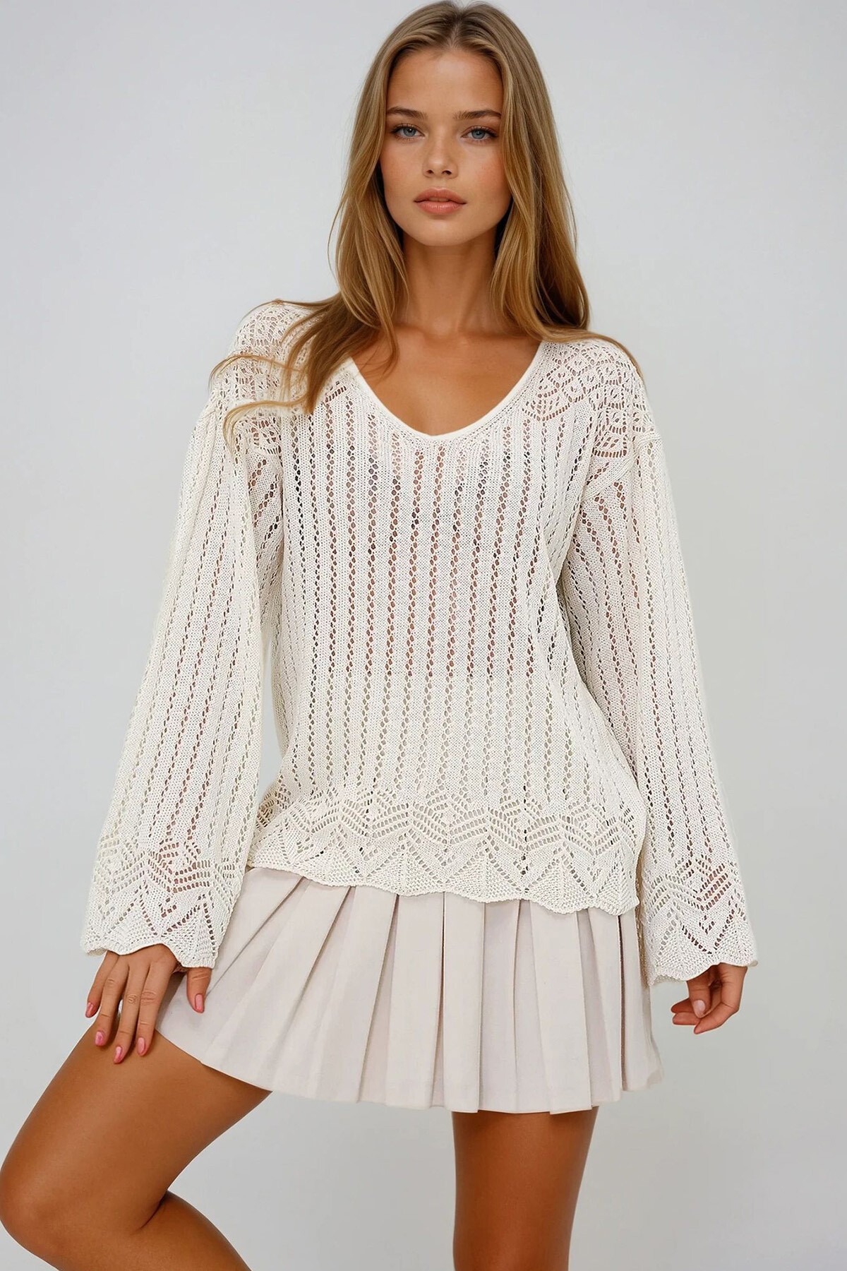 Vanilya Kayık Yaka Ajuru Yazlık Triko Bluz