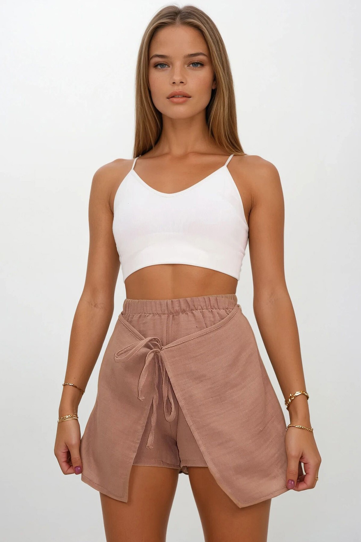 Vizon Beli Lastikli Bağlama Detaylı Kapaklı Müslin Şort Etek
