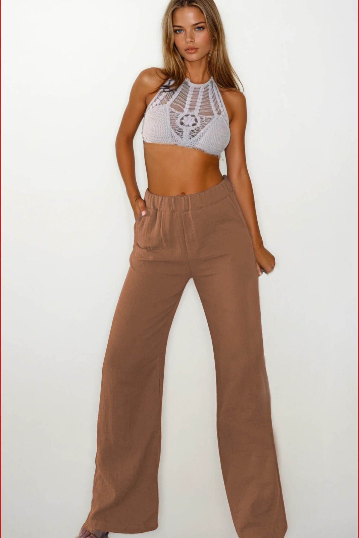 Vizon Çift Cepli Beli Lastikli Müslin Palazzo Pantolon