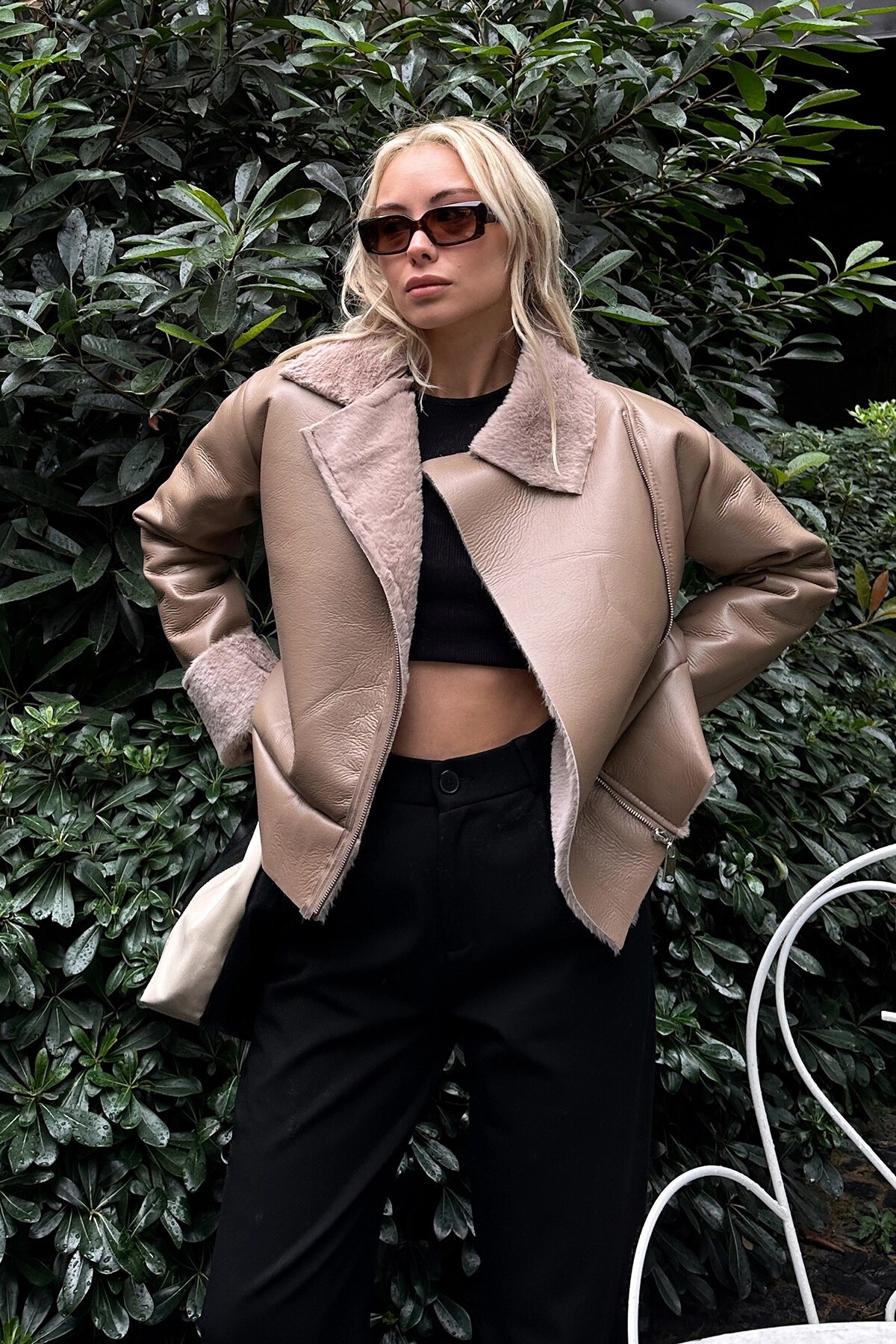 Vizon Kruvaze Yaka İçi Kürklü Fermuarlı Yumuşak Suni Deri Mont