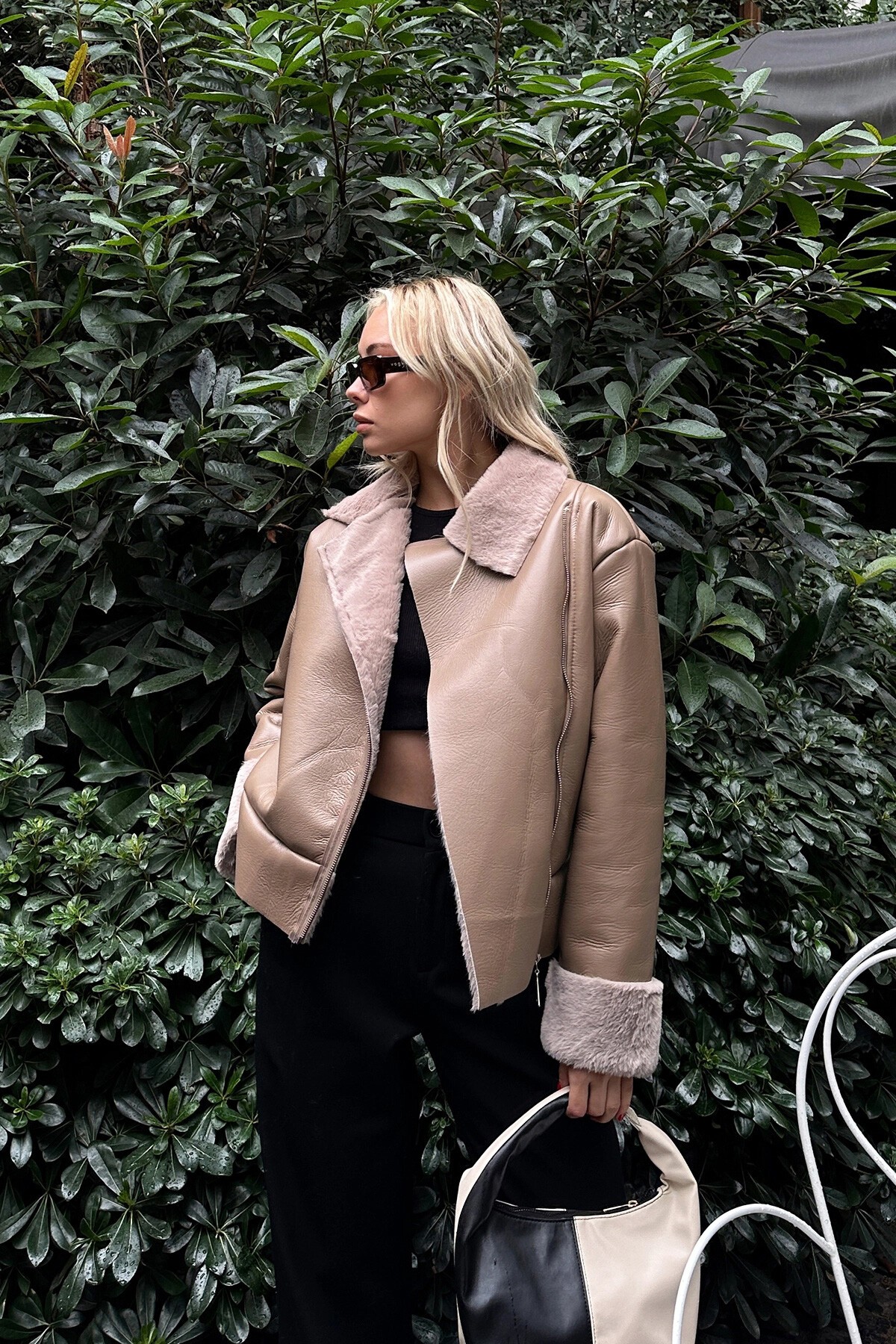 Vizon Kruvaze Yaka İçi Kürklü Fermuarlı Yumuşak Suni Deri Mont