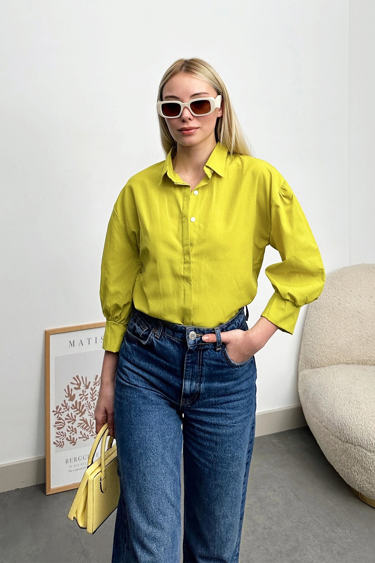 Yağ Yeşili Balon Kol Gizli Patlı Dokuma Gömlek