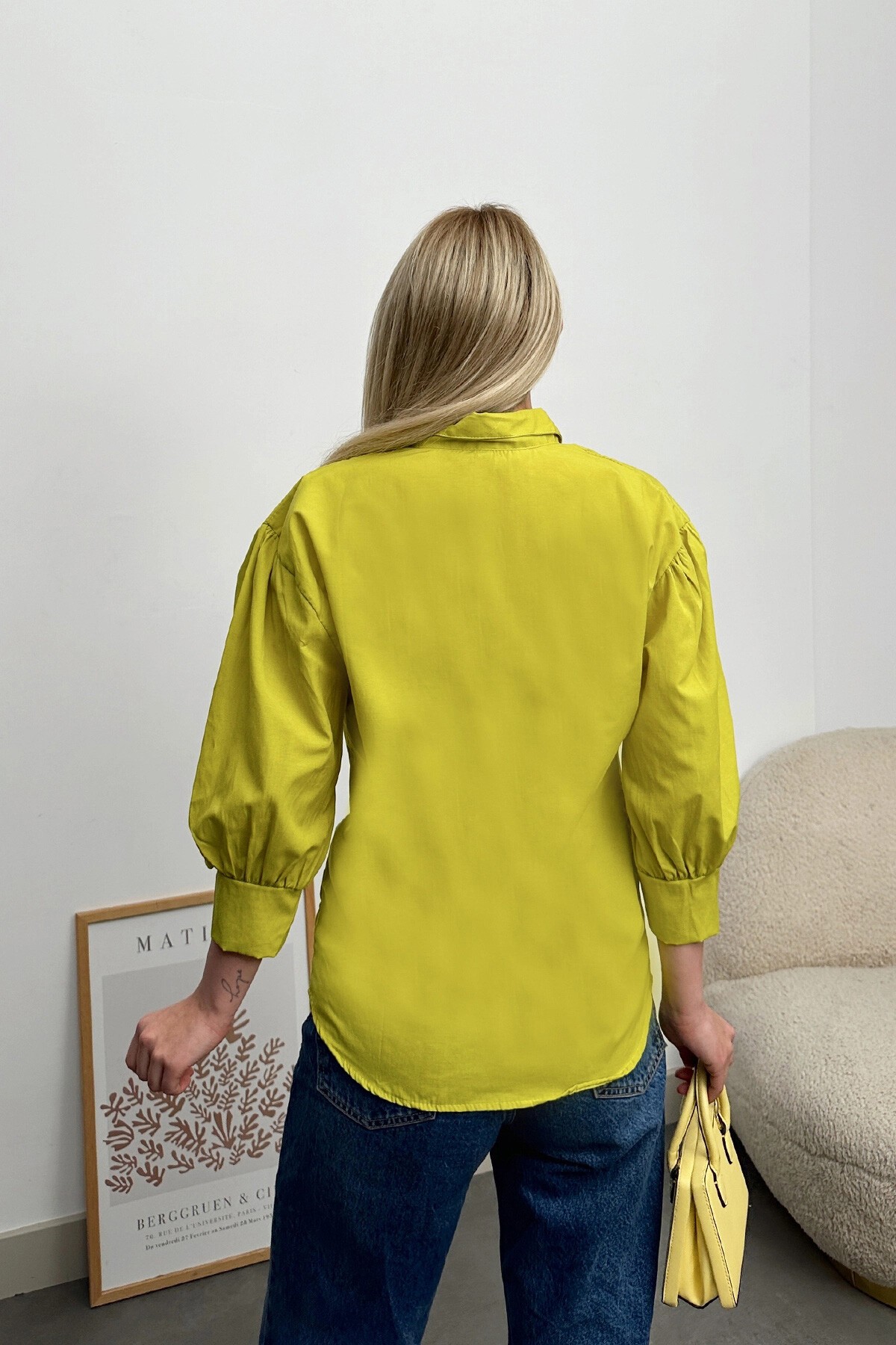 Yağ Yeşili Balon Kol Gizli Patlı Dokuma Gömlek