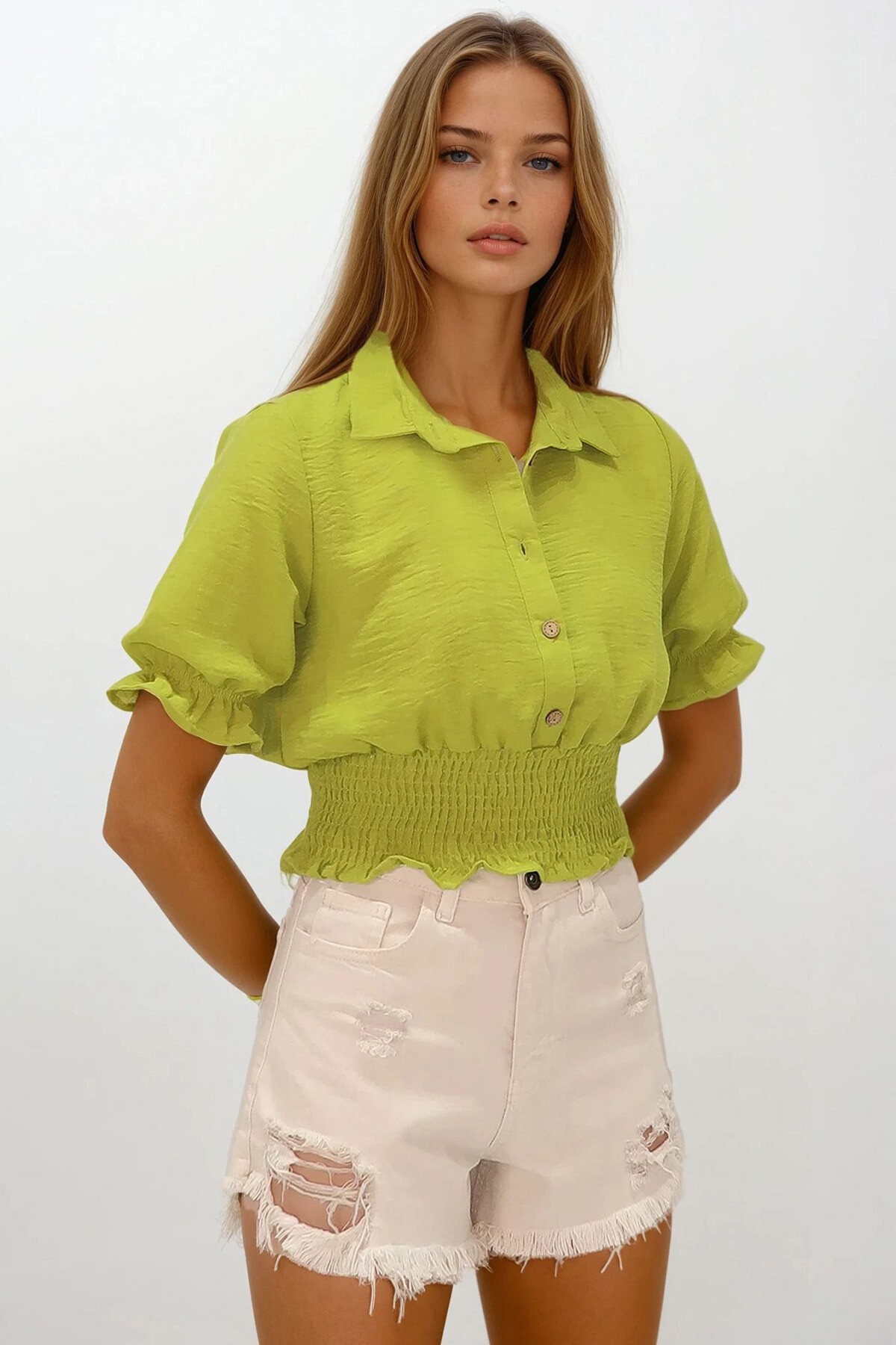 Yağ Yeşili Beli Lastikli Düğme Kapamalı Gömlek Yaka Bluz