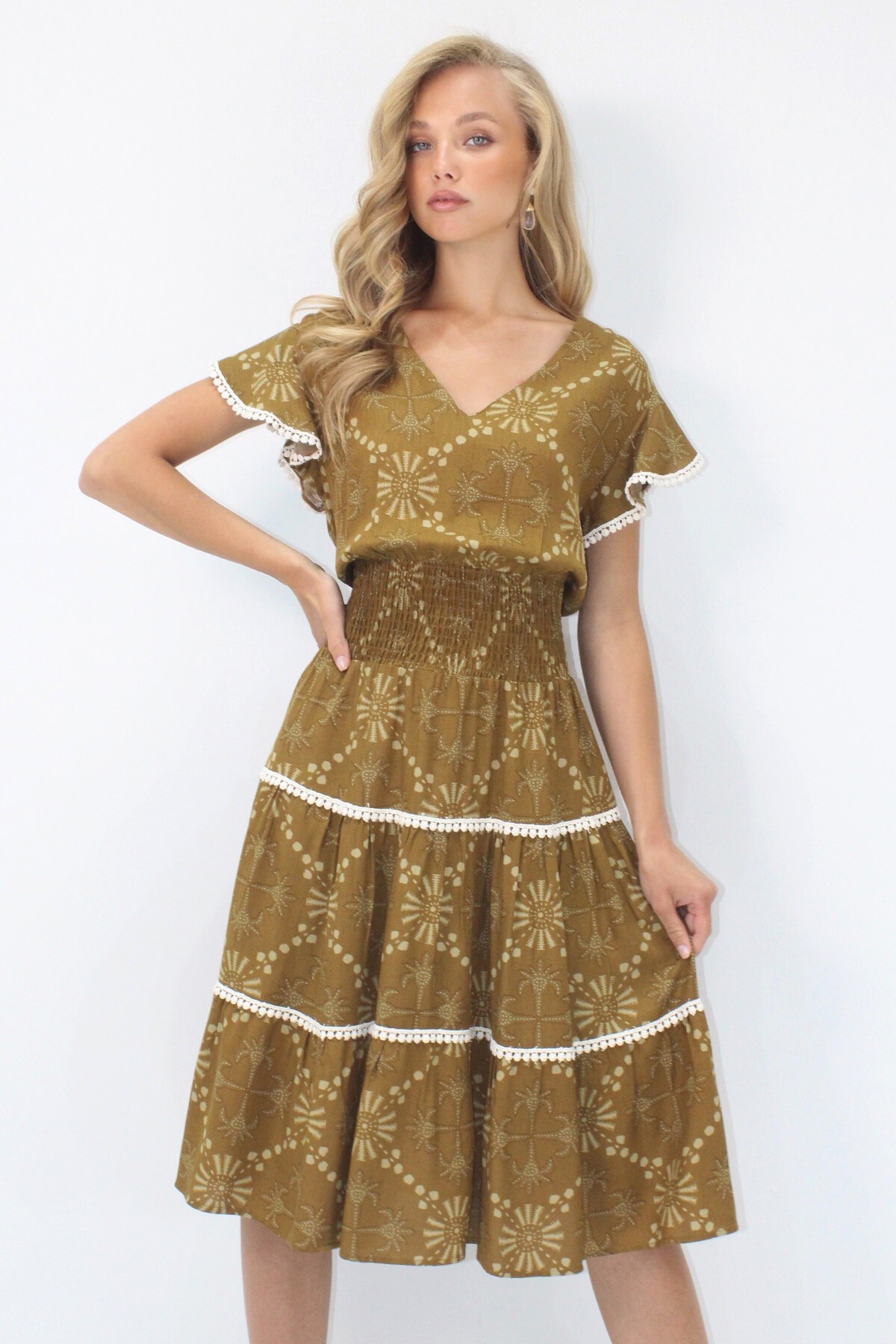 Yağ Yeşili V Yaka Etnik Desenli Fisto Detaylı Beli Gipeli Dokuma Elbise