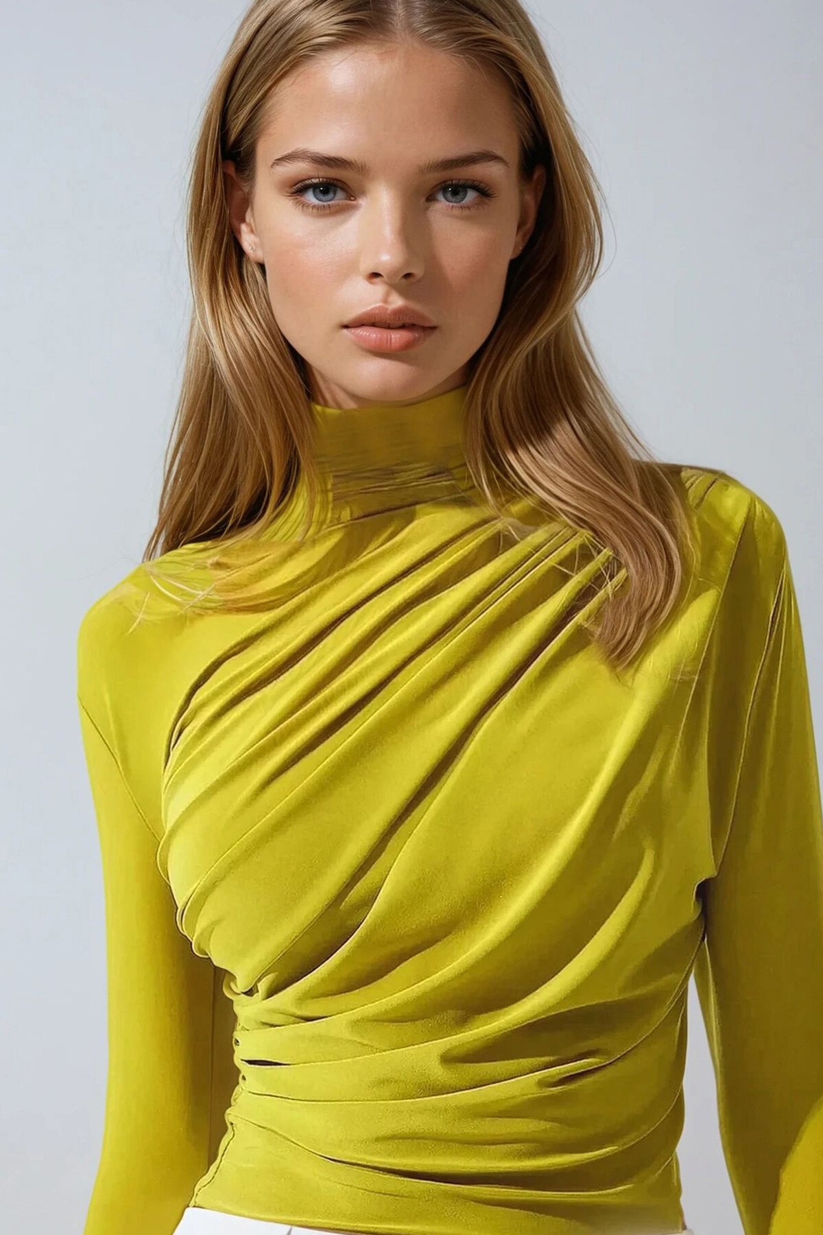 Yağ Yeşili Yarım Balıkçı Drape Detaylı Sandy Bluz