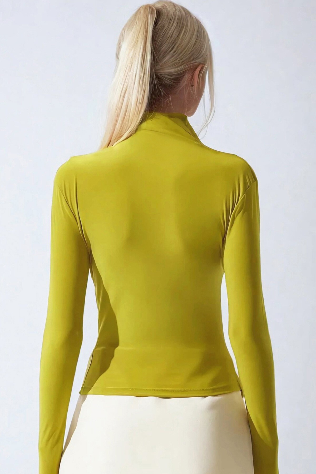 Yağ Yeşili Yarım Balıkçı Drape Detaylı Sandy Bluz