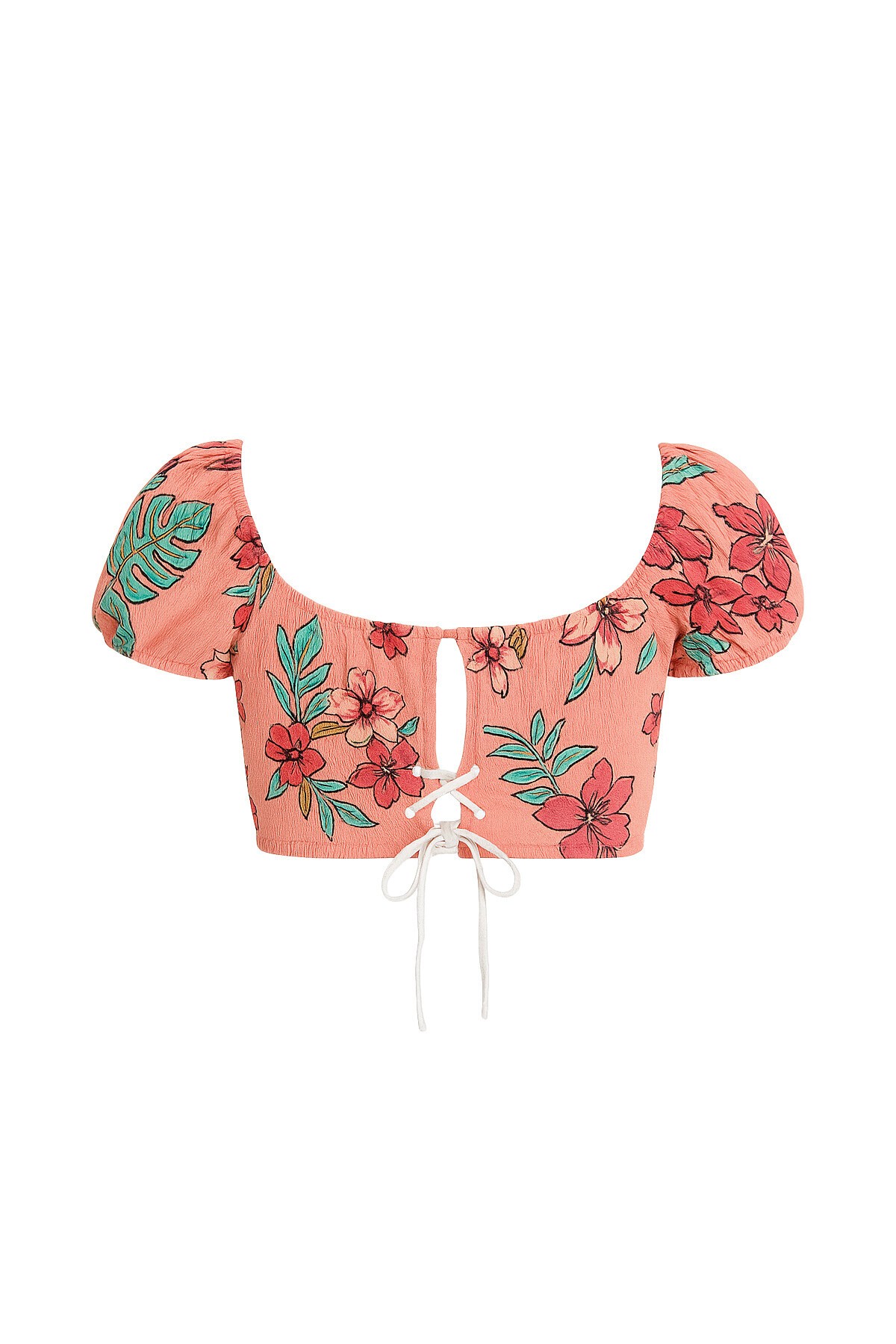 Yavruağzı Fiston Nakışlı Sırtı Bağcıklı Crop Bluz Vgn-X6563-Rw