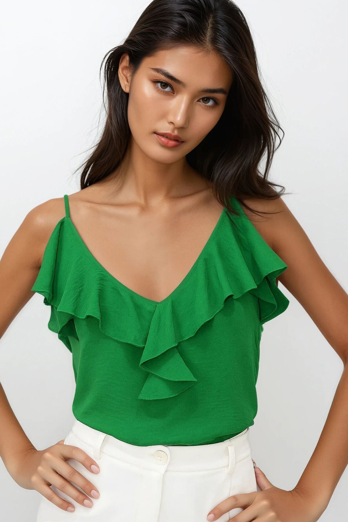 Yeşil Ayarlanabilir Askılı Önü Fırfırlı Aerobin Bluz