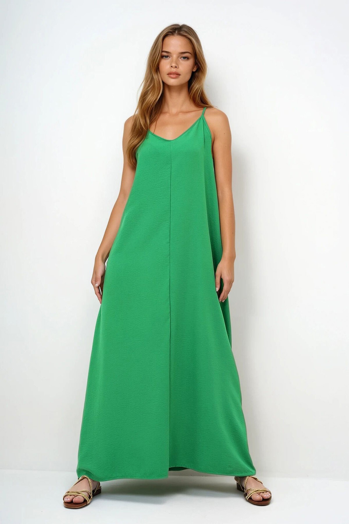 Yeşil Ayarlanabilir Askılı V Yaka Aerobin Yazlık Elbise