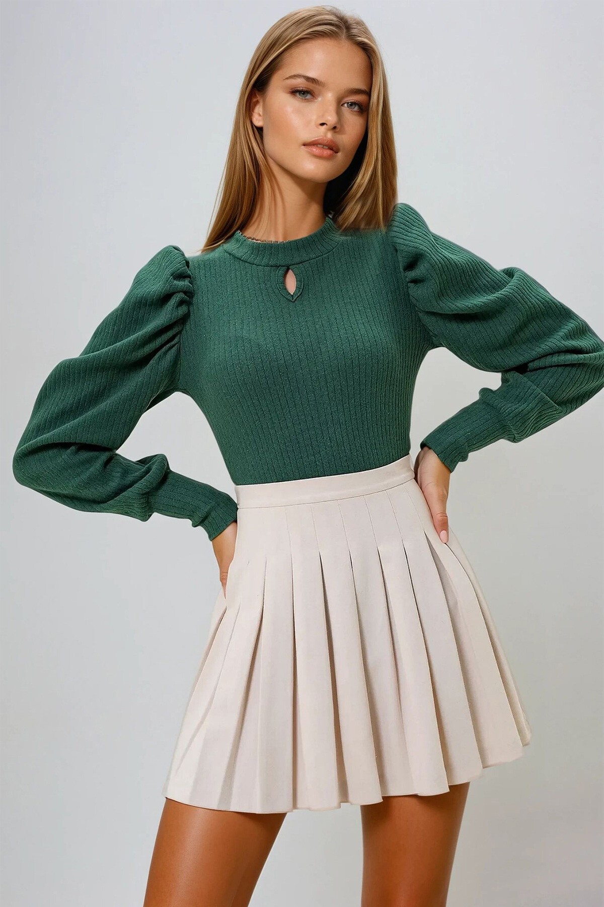 Yeşil Bisiklet Yaka Damla Dekolteli Prenses Kol Triko Bluz