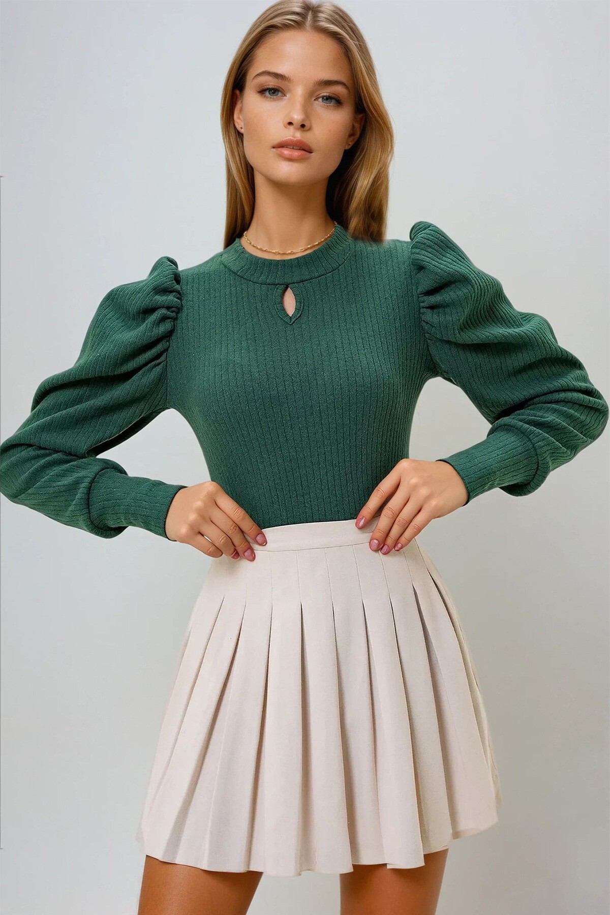 Yeşil Bisiklet Yaka Damla Dekolteli Prenses Kol Triko Bluz