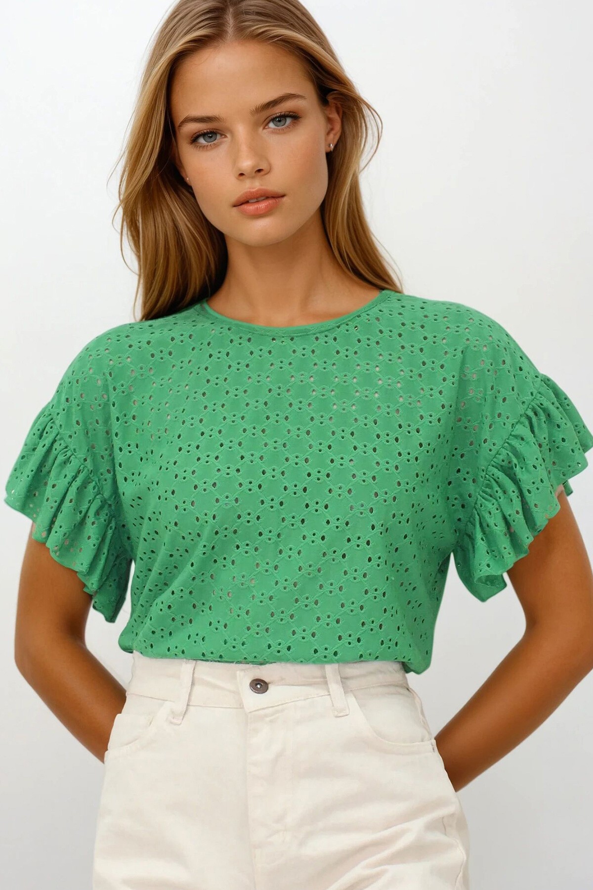 Yeşil Bisiklet Yaka Delik Ajurlu Kolları Fırfırlı Örme Bluz