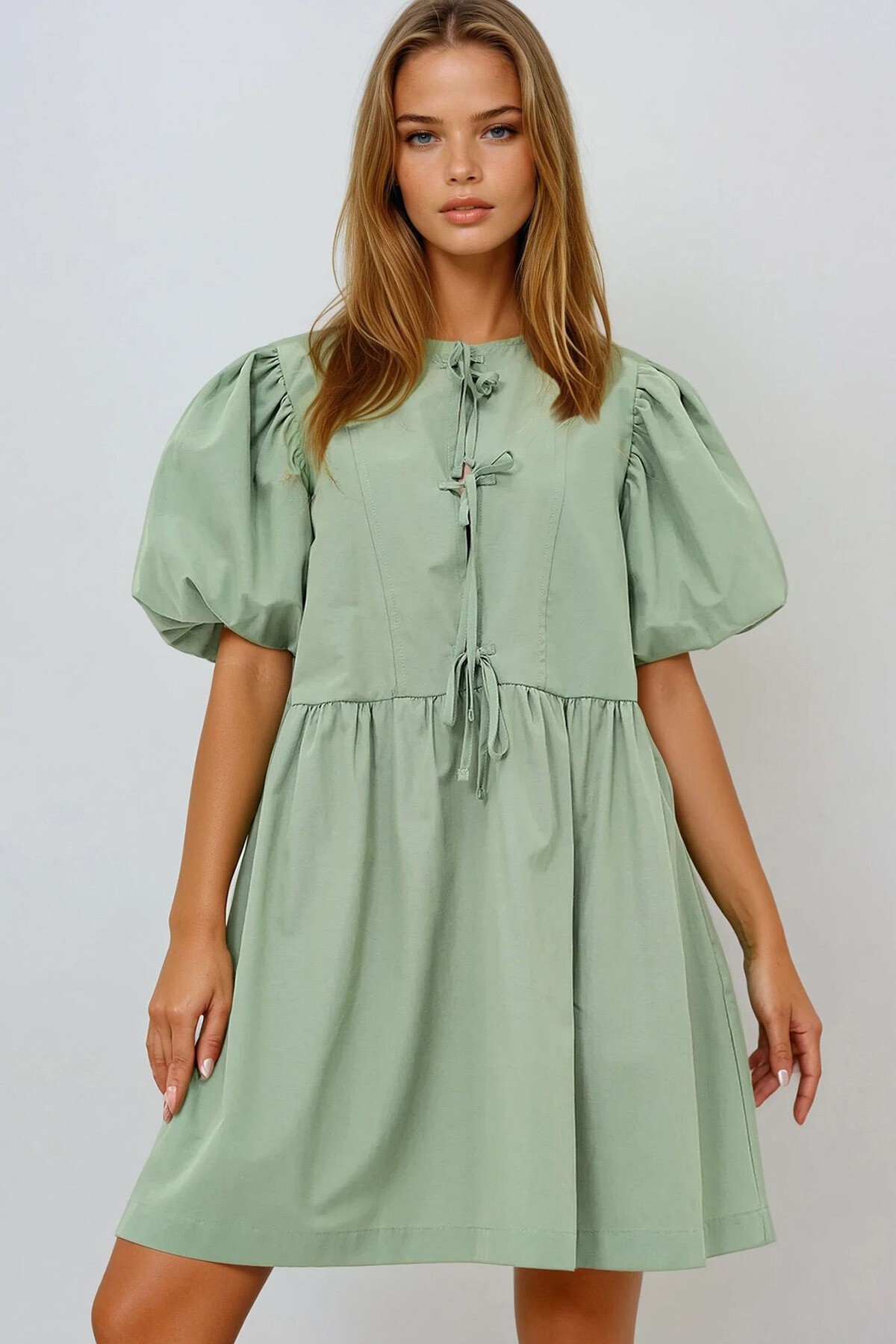 Yeşil Bisiklet Yaka Önden Bağlamalı Balon Kol Poplin Yazlık Elbise