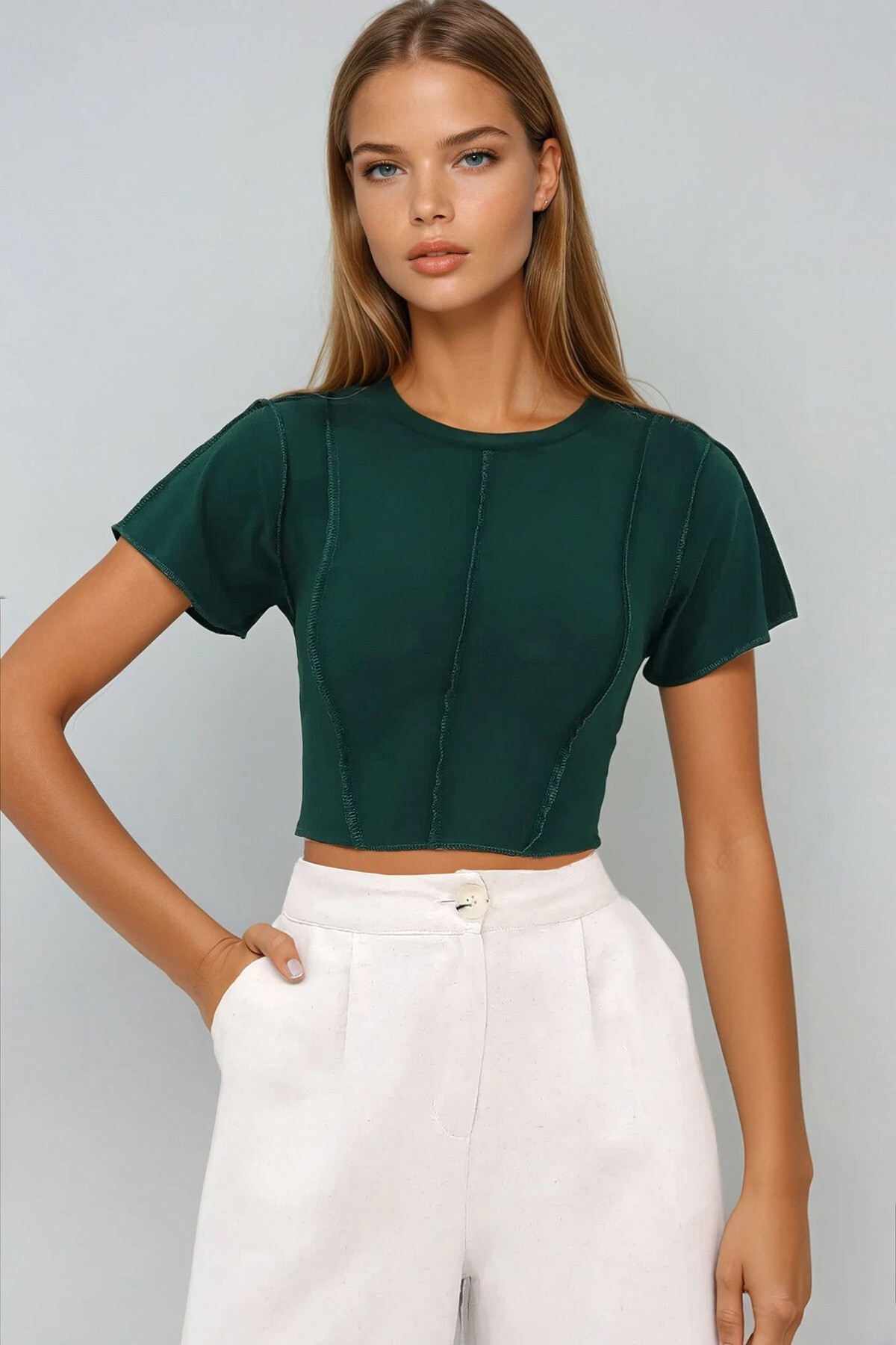 Yeşil Bisiklet Yaka Önü Dikişli Crop Sandy Bluz