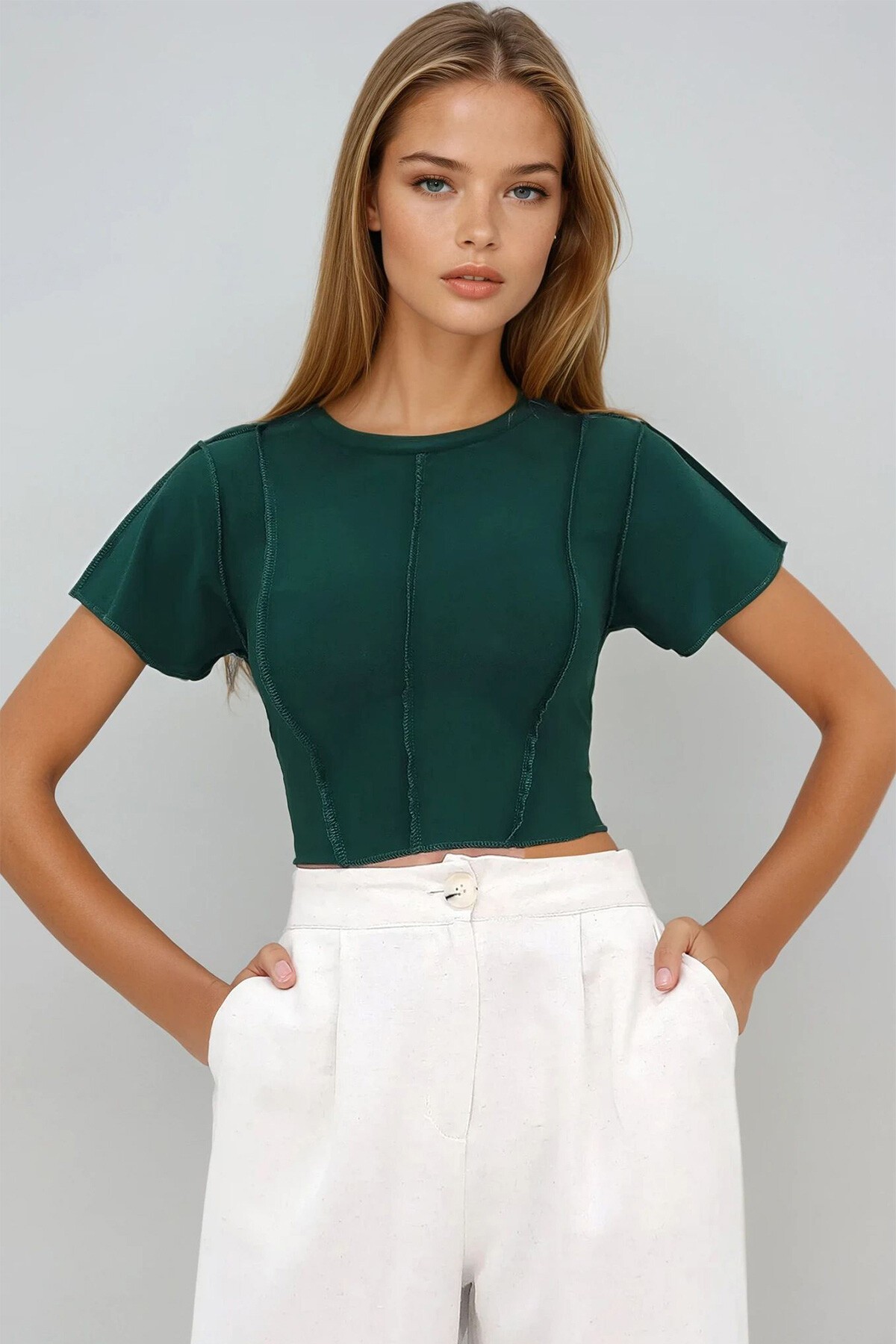 Yeşil Bisiklet Yaka Önü Dikişli Crop Sandy Bluz