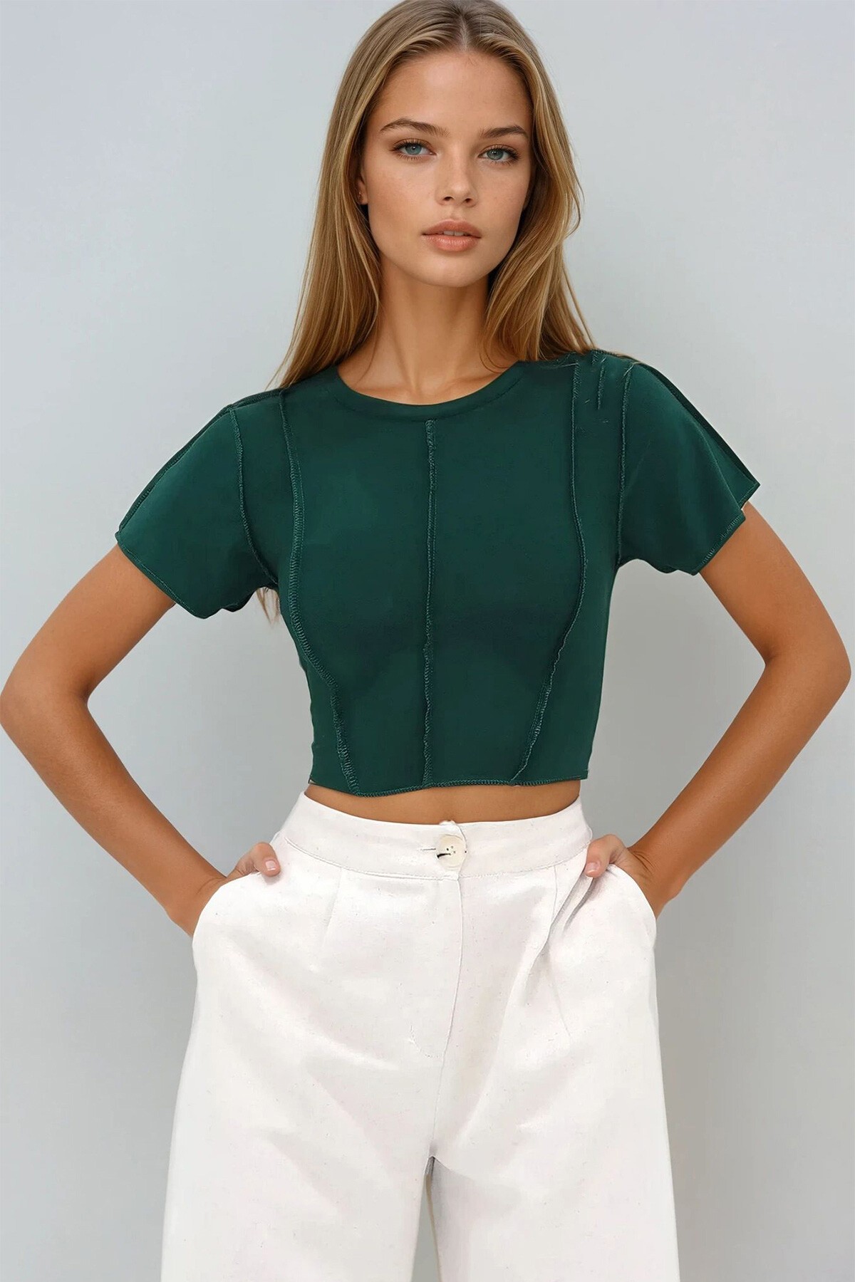 Yeşil Bisiklet Yaka Önü Dikişli Crop Sandy Bluz