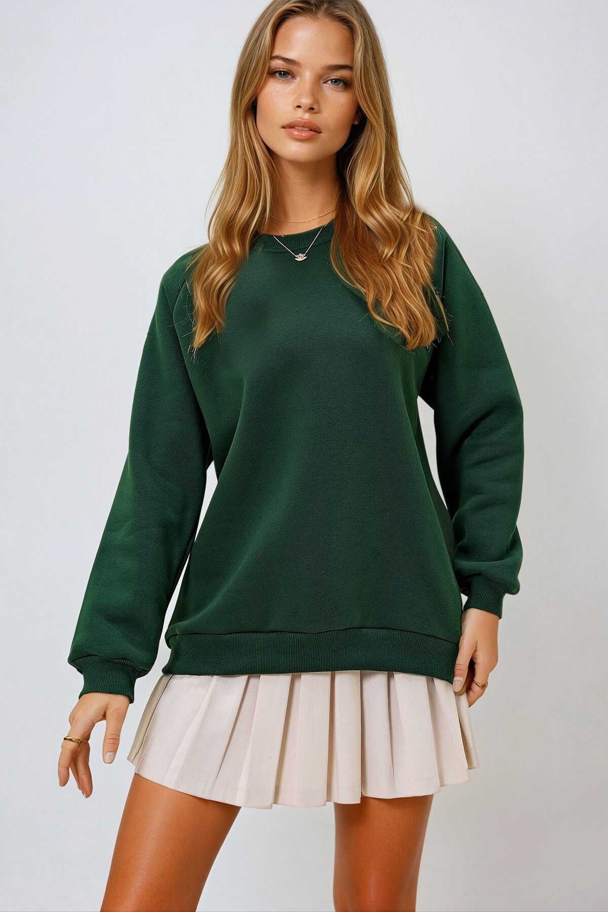 Yeşil Bisiklet Yaka Reglan Kol Üç İplik Şardonlu Basic Sweatshırt