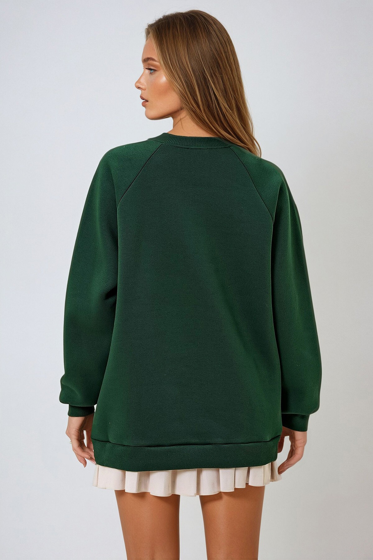 Yeşil Bisiklet Yaka Reglan Kol Üç İplik Şardonlu Basic Sweatshırt