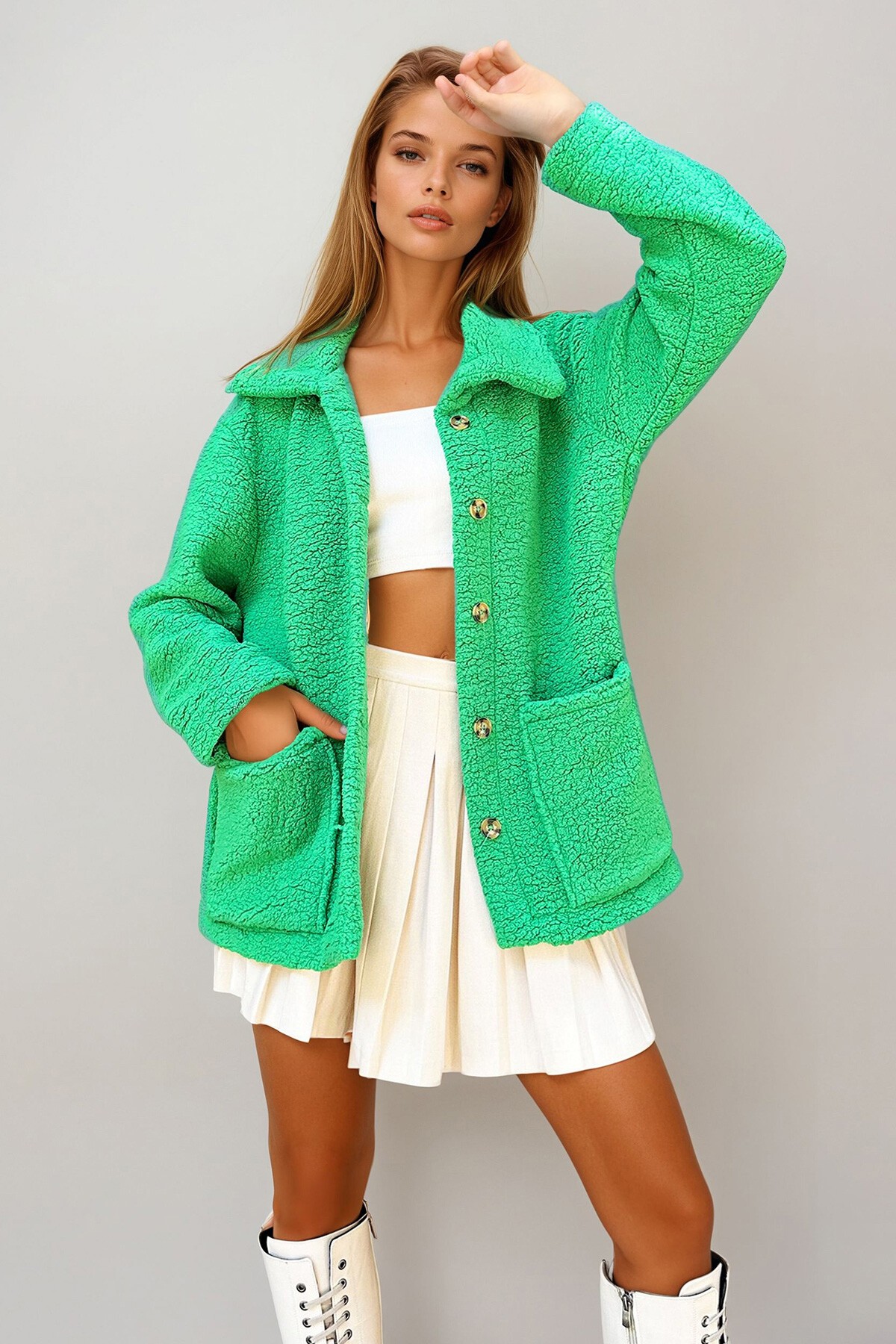Yeşil Çift Cepli Önü Düğmeli Şal Yaka Peluş Ceket