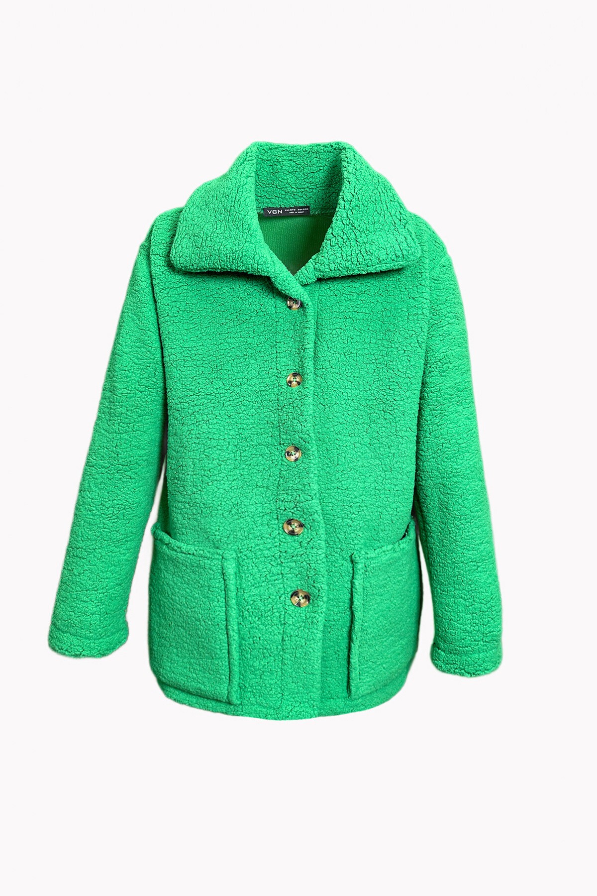 Yeşil Çift Cepli Önü Düğmeli Şal Yaka Peluş Ceket
