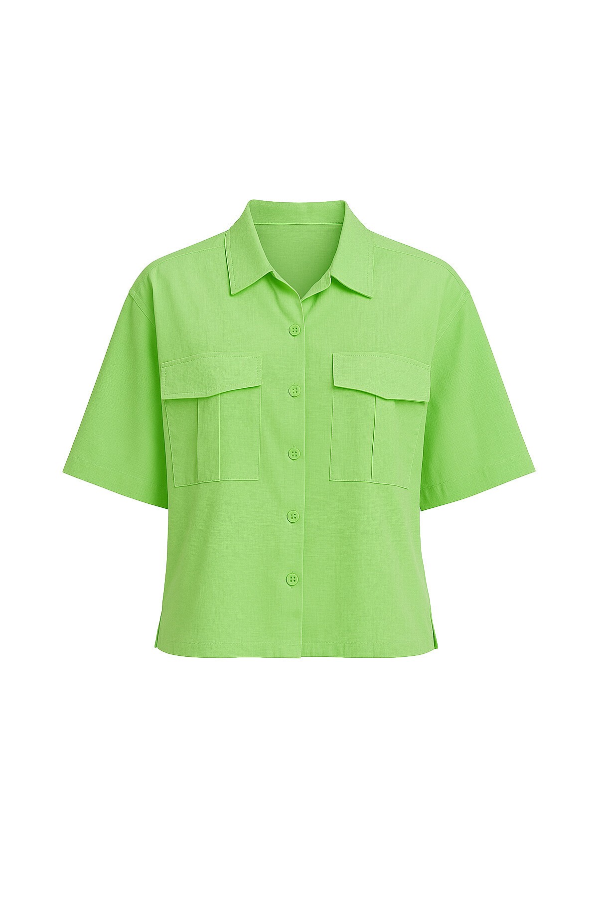 Yeşil Çift Cepli Yarım Kol Keten Gömlek