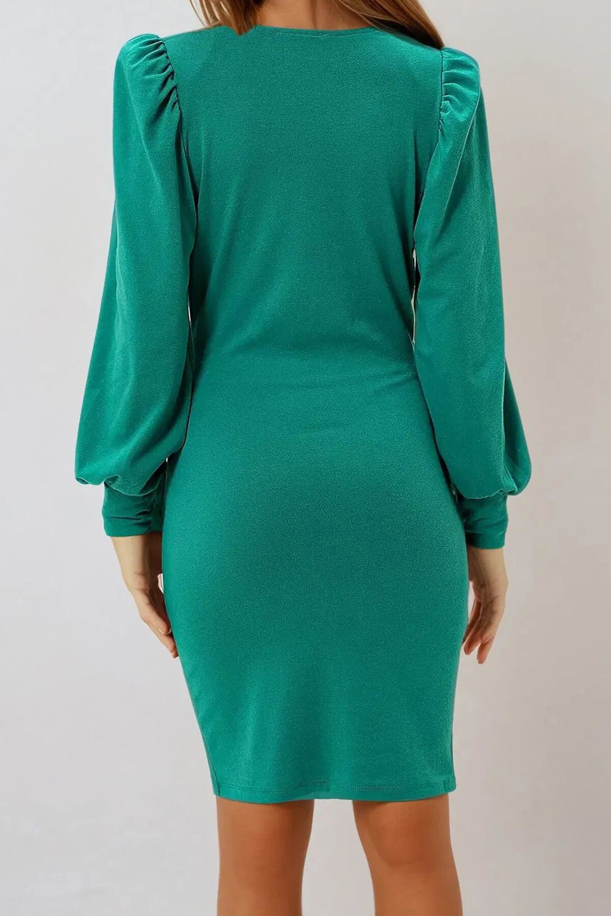 Yeşil Degaje Yaka Prenses Kol Örme Krep Mevsimlik Mini Boy Elbise