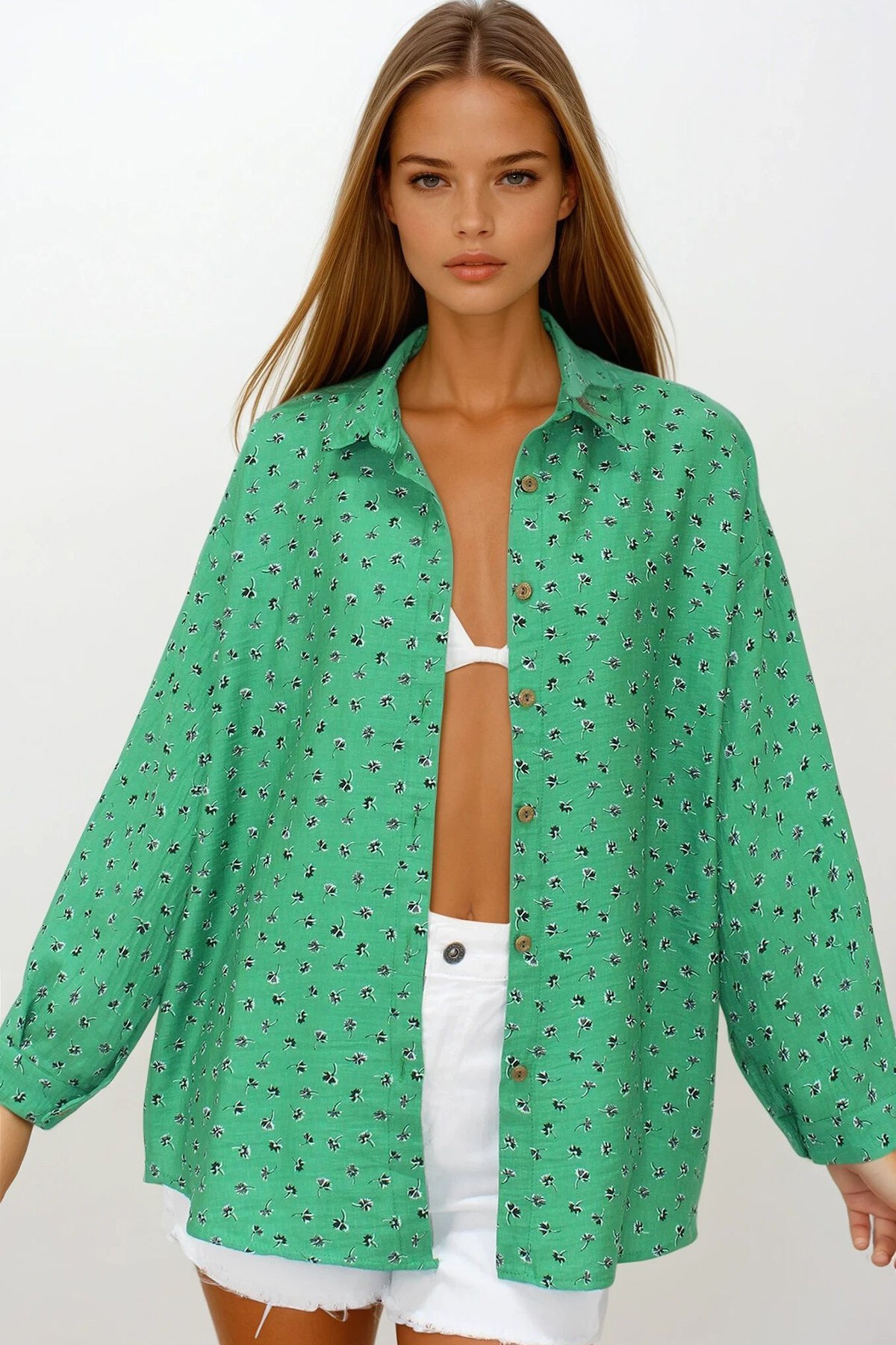 Yeşil Desenli Oversize Keten Gömlek