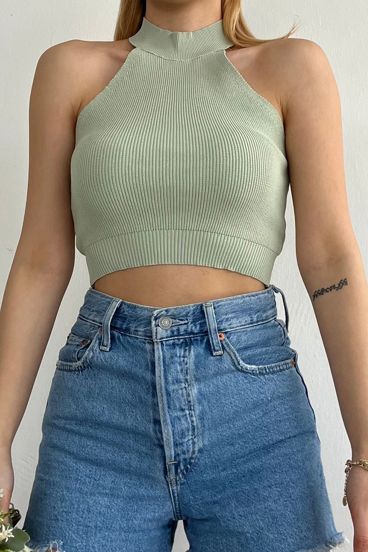 Yeşil Dik Yaka Halter Triko Bluz