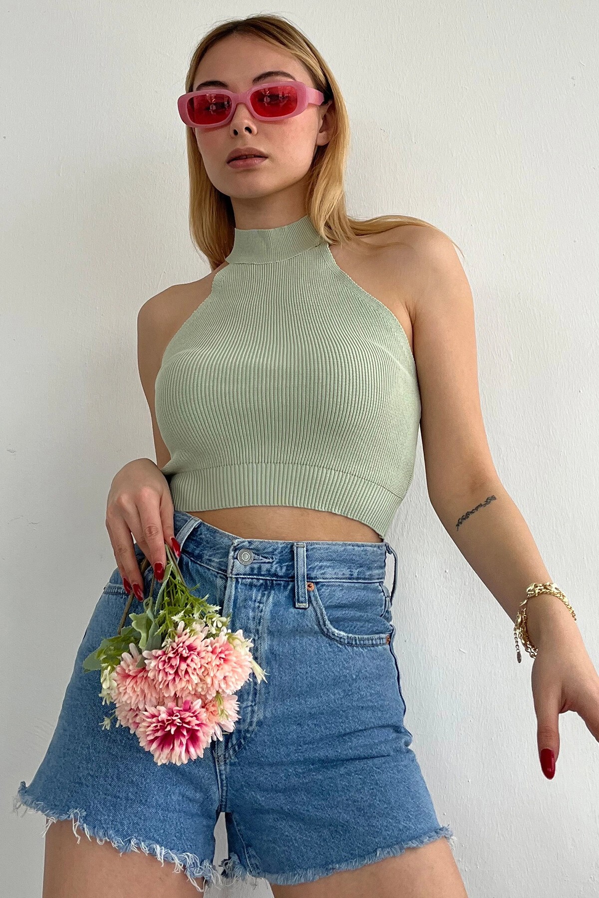 Yeşil Dik Yaka Halter Triko Bluz