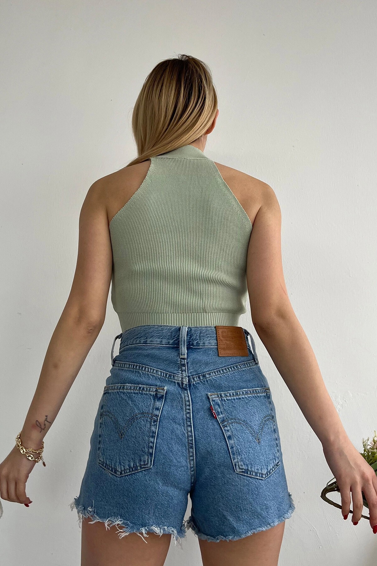 Yeşil Dik Yaka Halter Triko Bluz