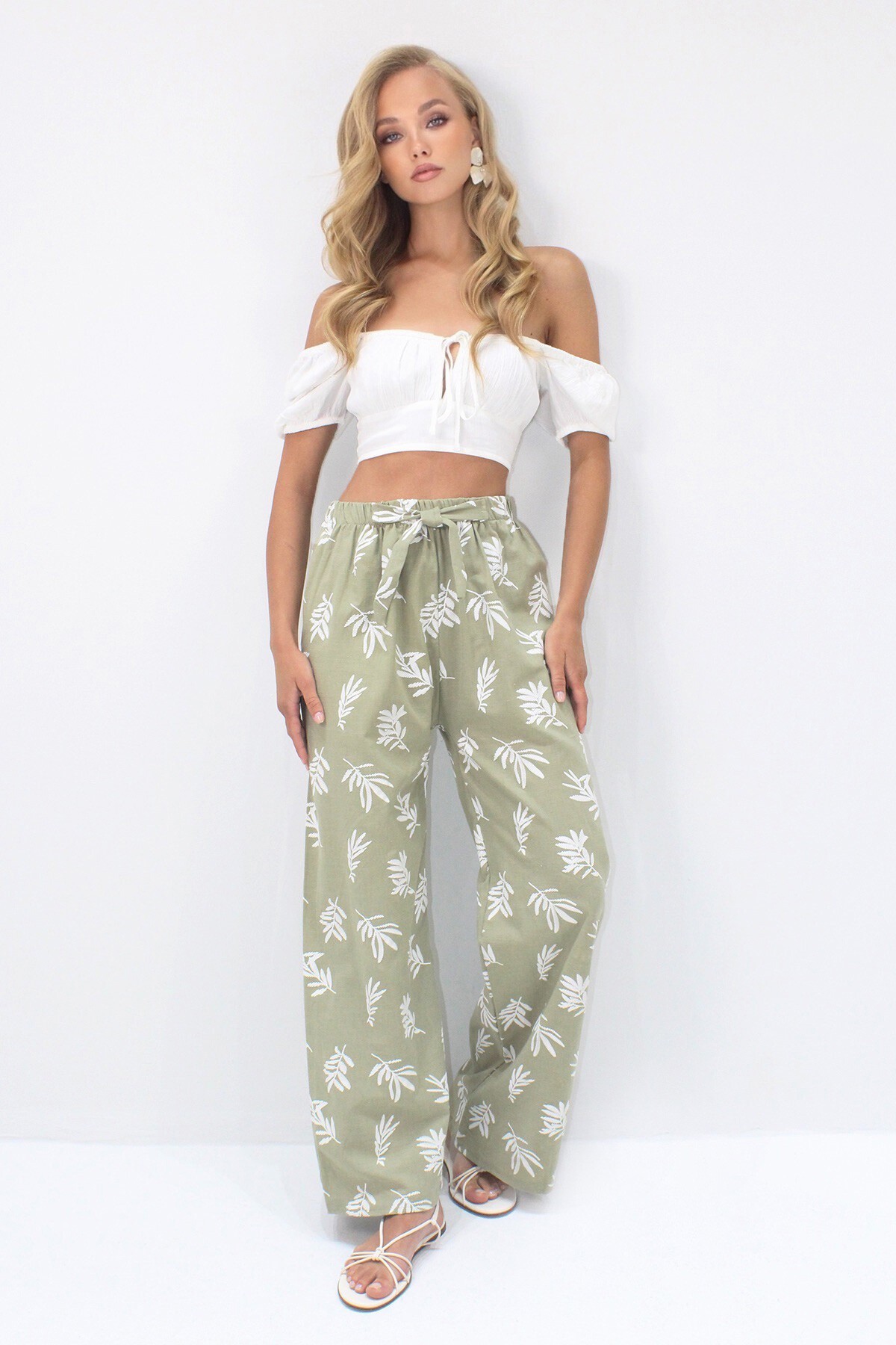 Yeşil Flok Baskılı Palazzo Keten Pantolon