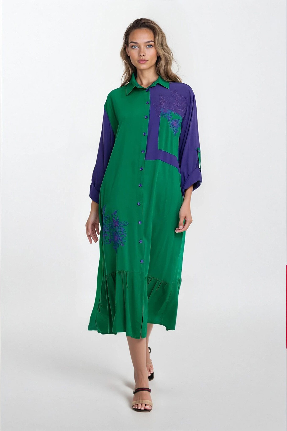 Yeşil Gömlek Yaka Renk Bloklu Çiçek Nakışlı Büyük Beden Gömlek Elbise