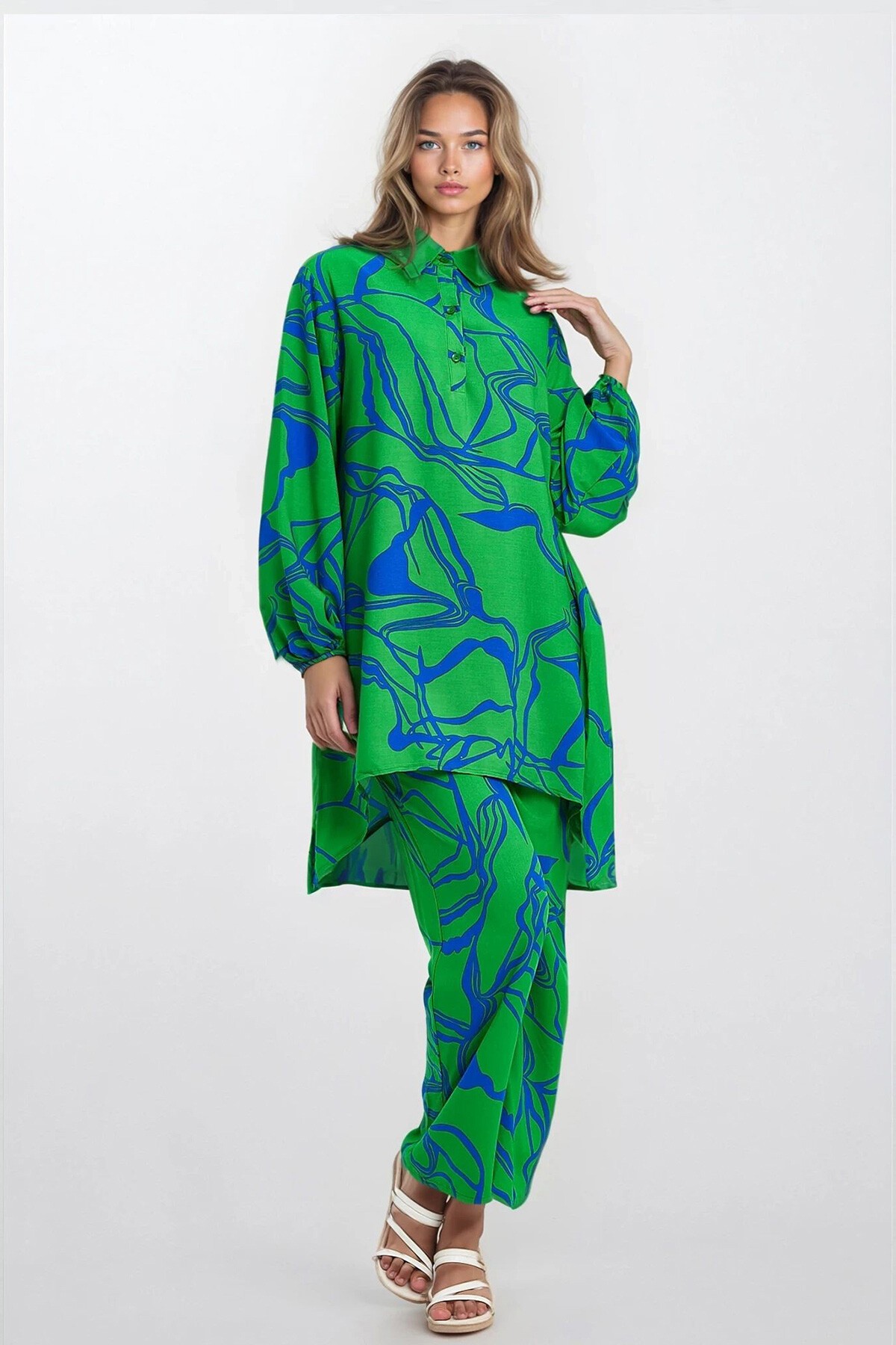 Yeşil Gömlek Yaka Yarım Patlı Tunik Ve Beli Lastikli Pantolon Büyük Beden Alt Üst Takım