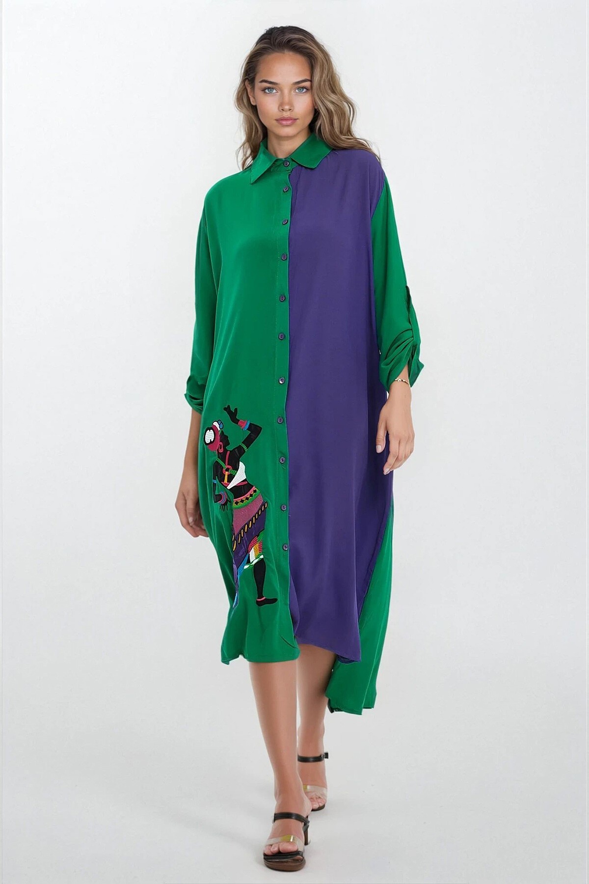 Yeşil Gömlek Yaka Yırtmaç Detaylı Büyük Beden Gömlek Elbise